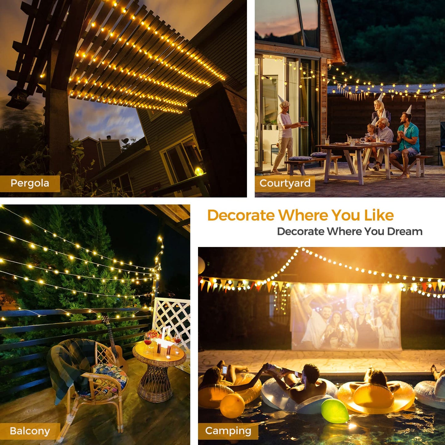 LED fairy string lights powered by electricity, 15M warm white ball string lights with plug for outdoor and indoor use, IP65 waterproof string lights with dimmable remote control, great for rooms, Christmas, parties, gardens.
