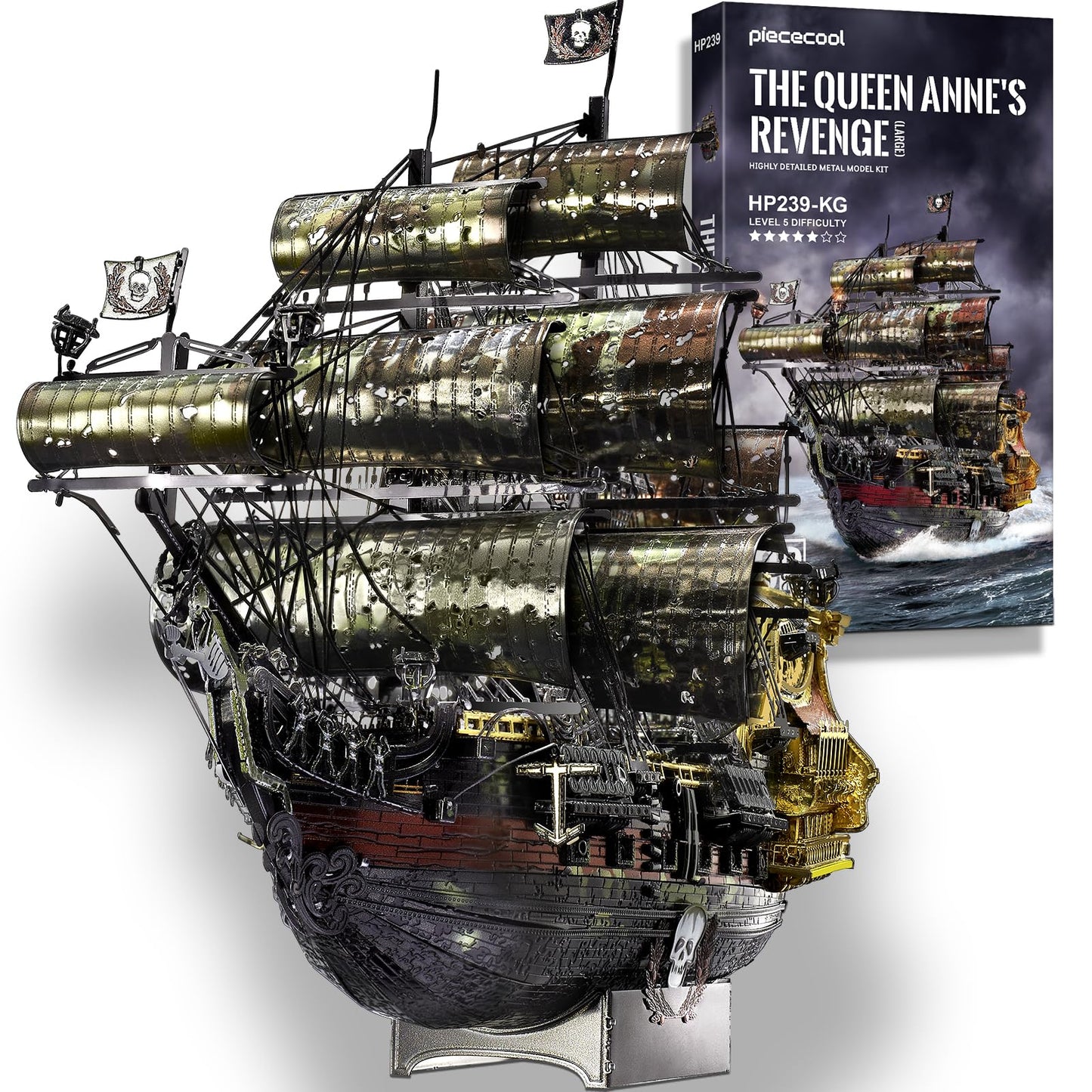 Piececool 3D Metal Puzzle Pirate Ship Queen Anne's Revenge, 3D Metal Puzzle Sailboat Ship Set, Model Ship for 340 stainless steel, Birthday Gift, Model Building Kit for Adults, 439 Pieces