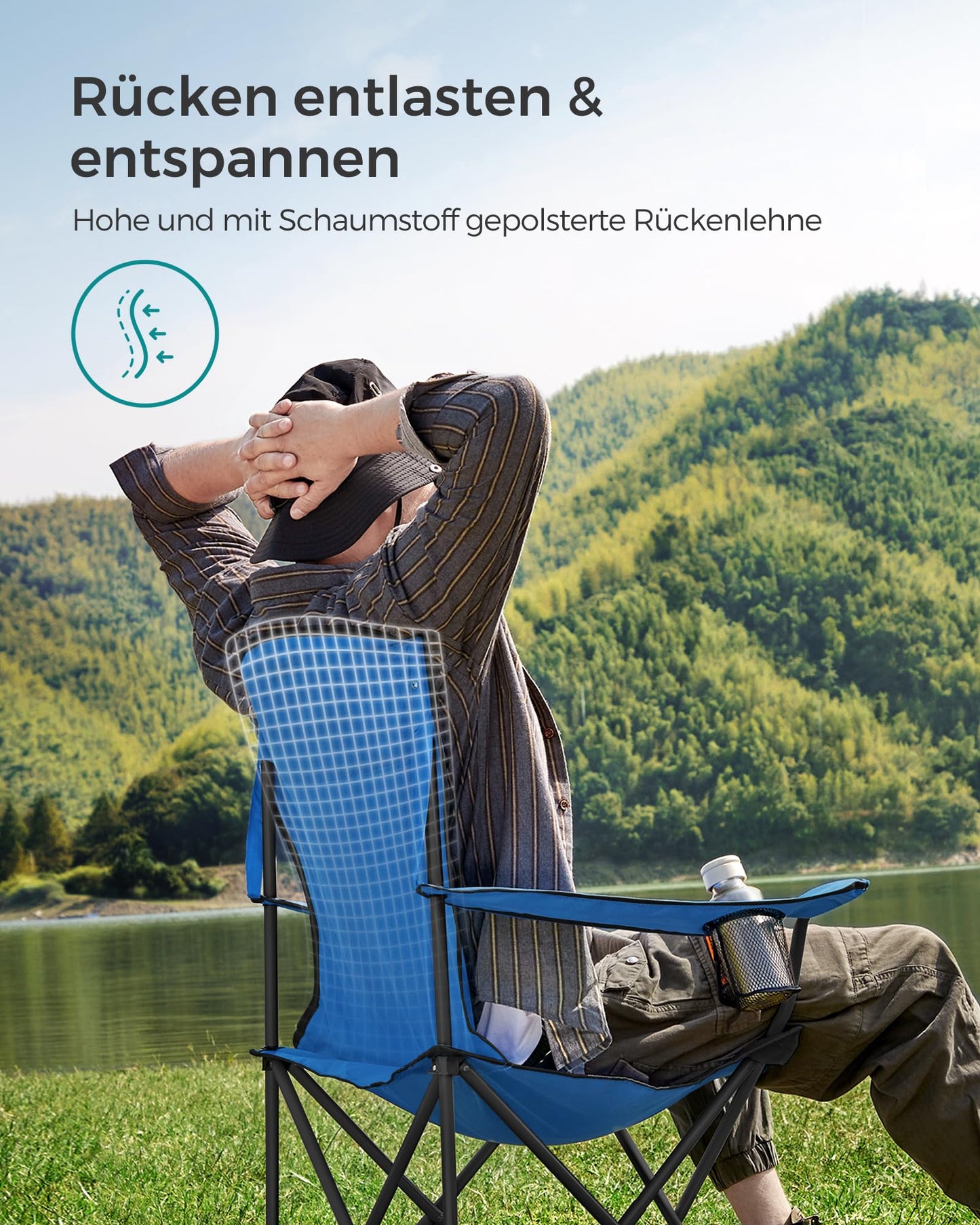 SONGMICS Beach Chair, Camping Chair, Folding Chair with Drink Holder, Foam Padding, Foldable, Supports up to 250 kg, Outdoor Chair, Blue-Black GCB06BU