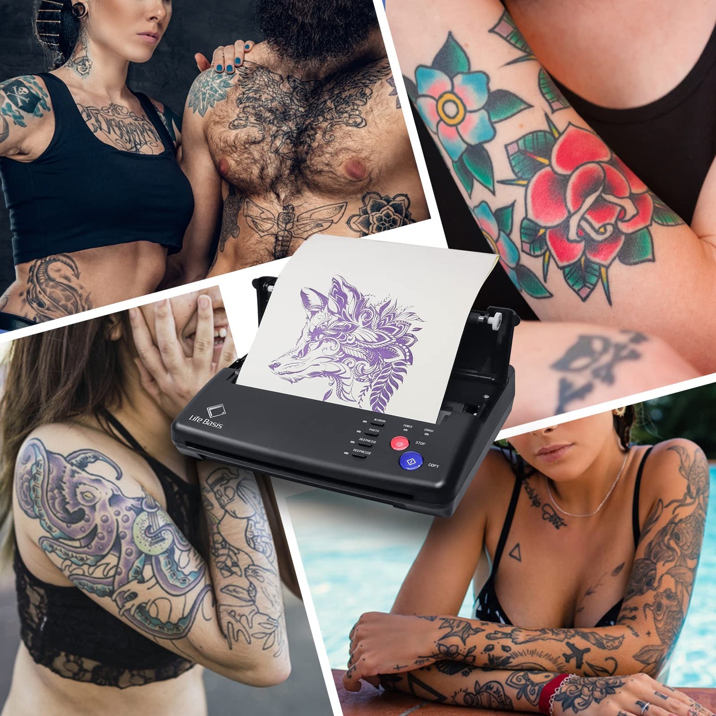 LifeBasis Tattoo Machine Set Thermal Stencil Tattoo Transfer Paper Transfer Machine Thermo Printer Copier Thermal Printer for Temporary Tattoos Tattooing Black MULTI WAY