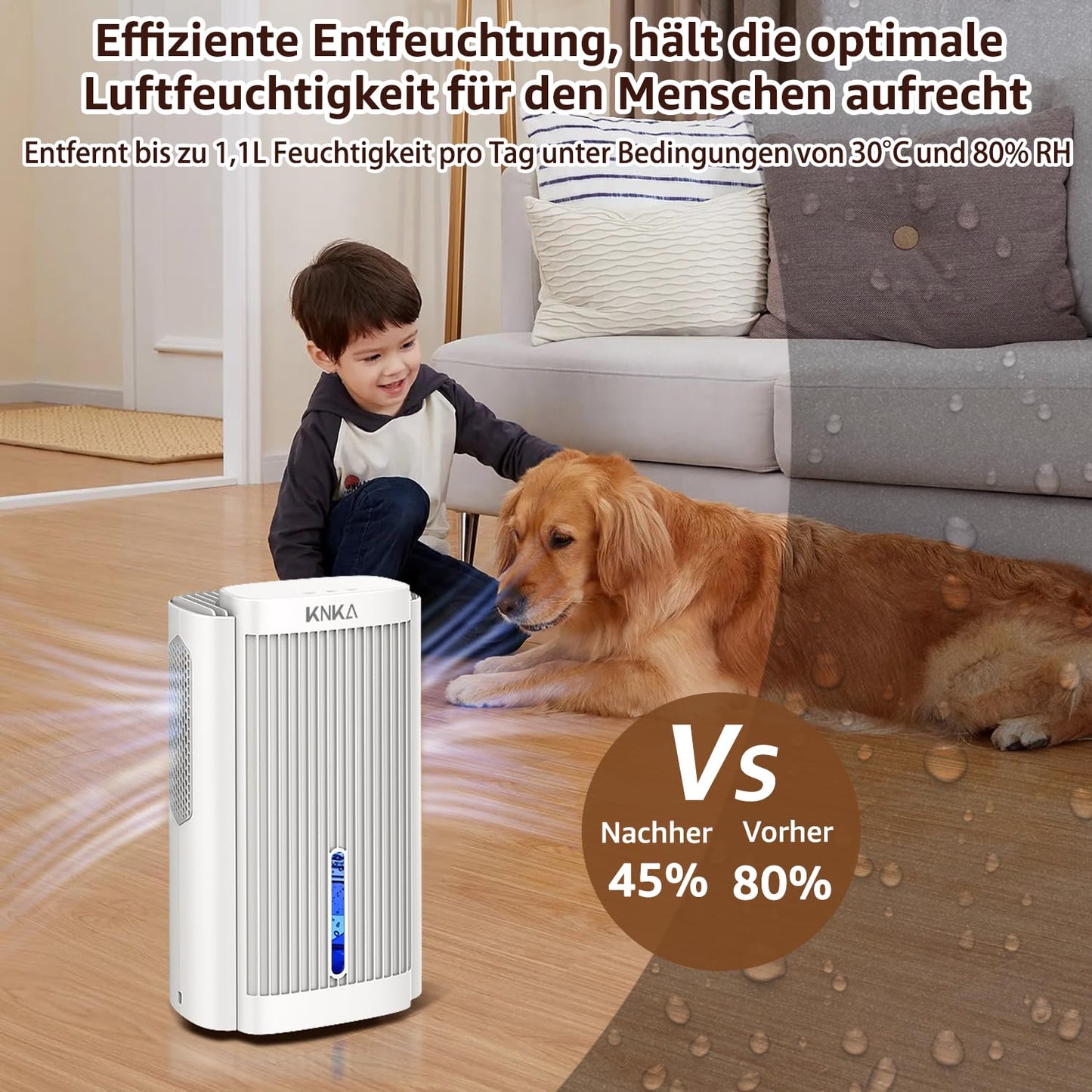 KNKA Dehumidifier, Electric Dehumidifier, 1.1L, Room Dehumidifier below 28dB for Apartment, Bathroom, Basement, with Automatic Shutdown and Sleep Mode, Colorful Night Light (White)