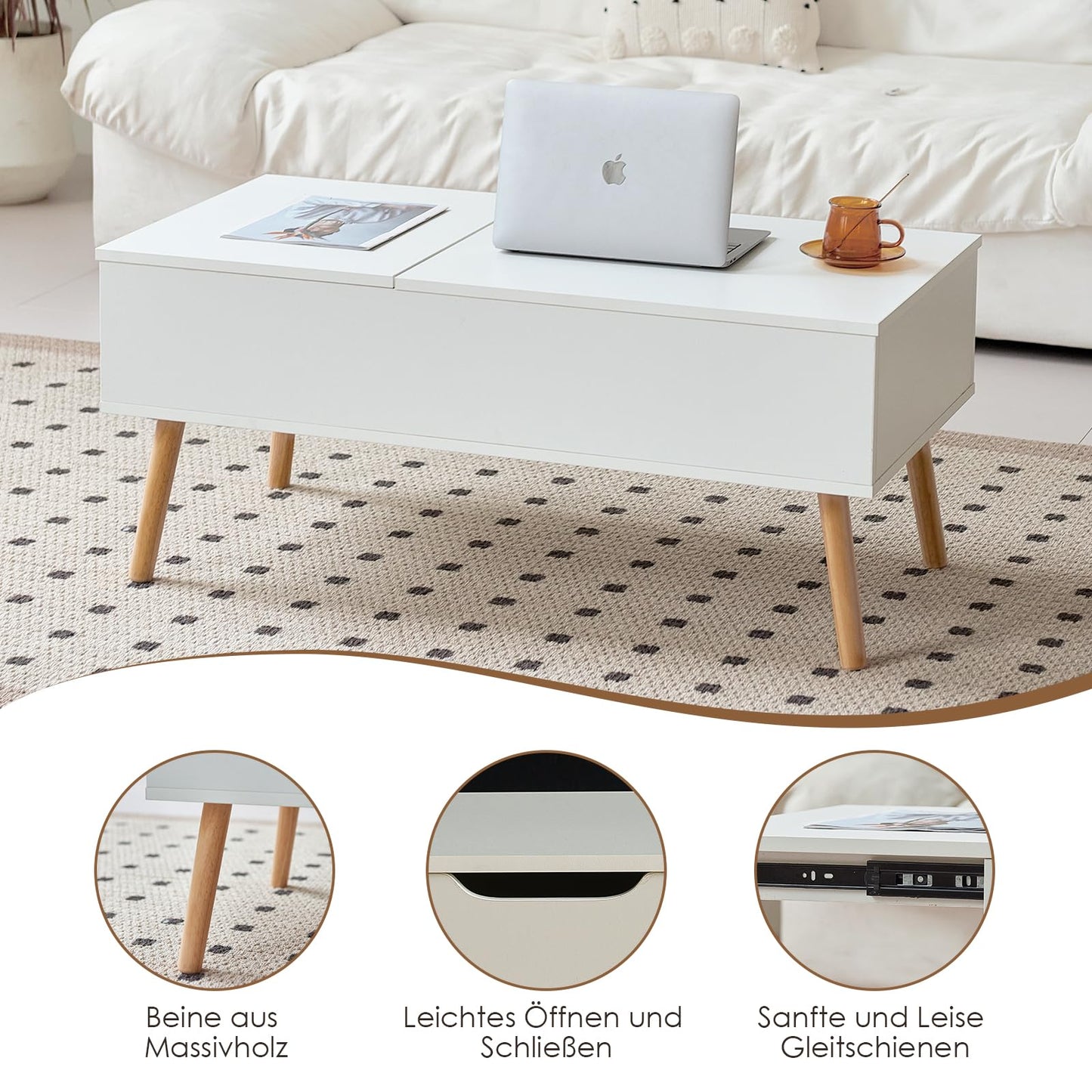 JanflyHome coffee table height adjustable with sliding plate, living room table adjustable in height, coffee tables with storage space, modern white coffee table with 2 large separate hidden storage compartments, White