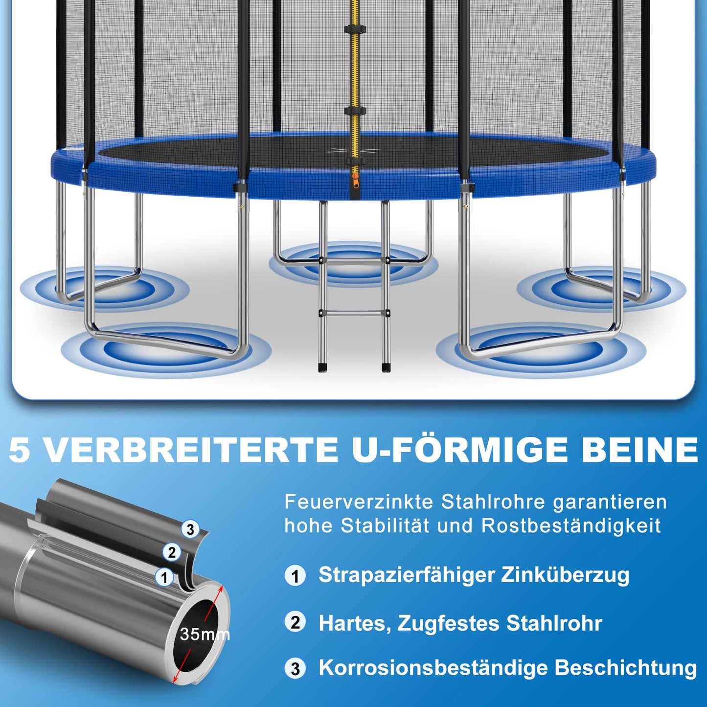 Devoko Trampoline Outdoor Ø 183/228/305/366/427 cm Indoor Trampoline Kids Garden Trampolines, Complete Set with Shoe Net, Ladder, Edge Cover, Safety Net, Weight Capacity 150 kg (Blue)