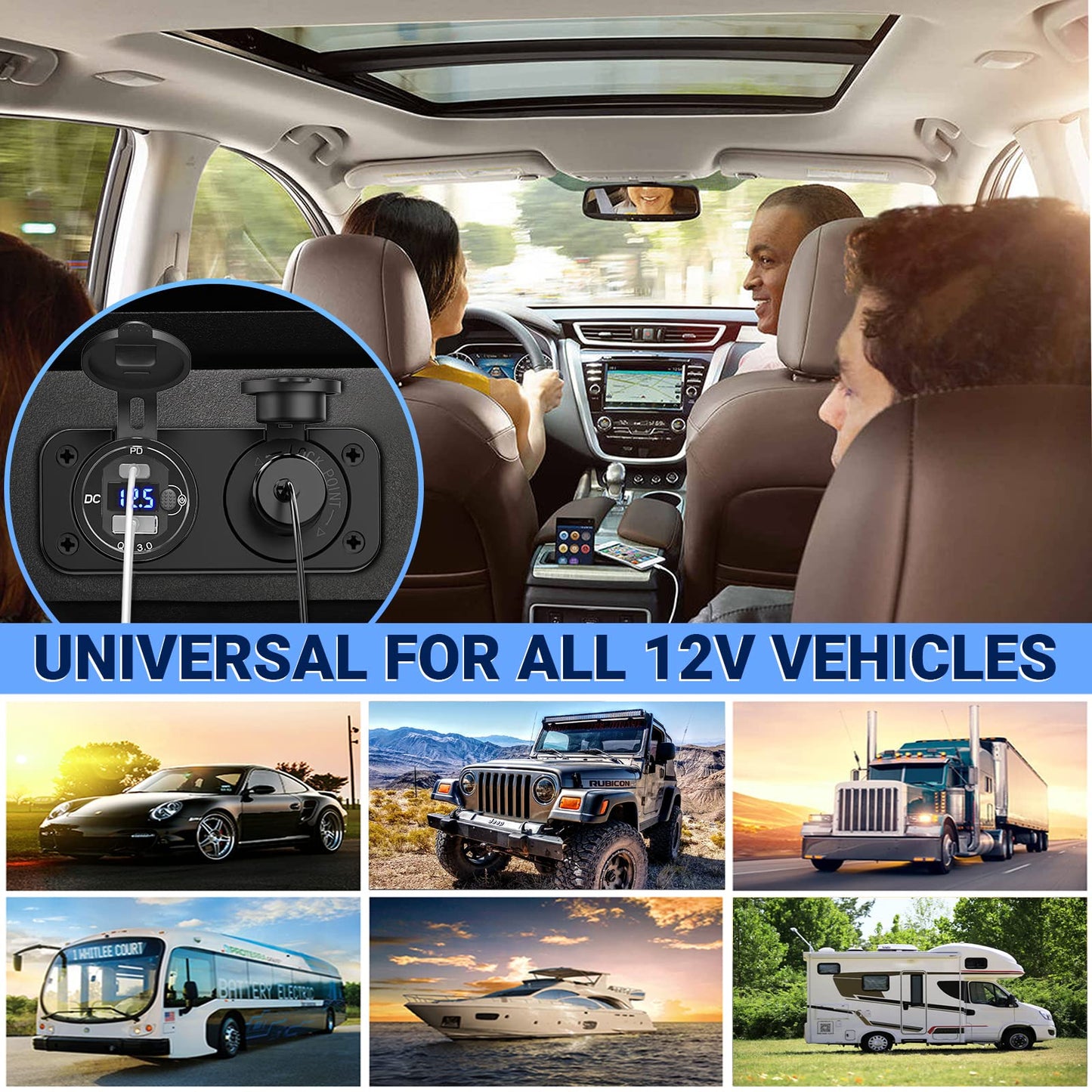 Cigarette Lighter Socket 12V USB Flush Mount Socket: Qidoe Aluminum Alloy 20W PD3.0 Car USB Outlet Waterproof Voltage Monitor 12V Socket 300W 24V Socket QC3.0 for Car Boat RVs