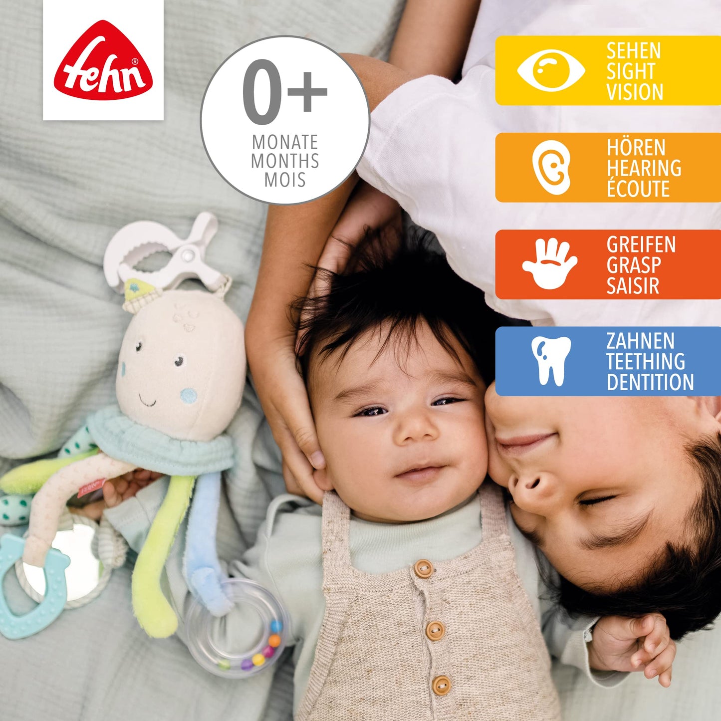 Fehn Activity Octopus Toy - Baby motor skills toy for strollers, cribs, and car seats for biting, grabbing, and making noise - Teething toy for babies and children aged 0+ months.