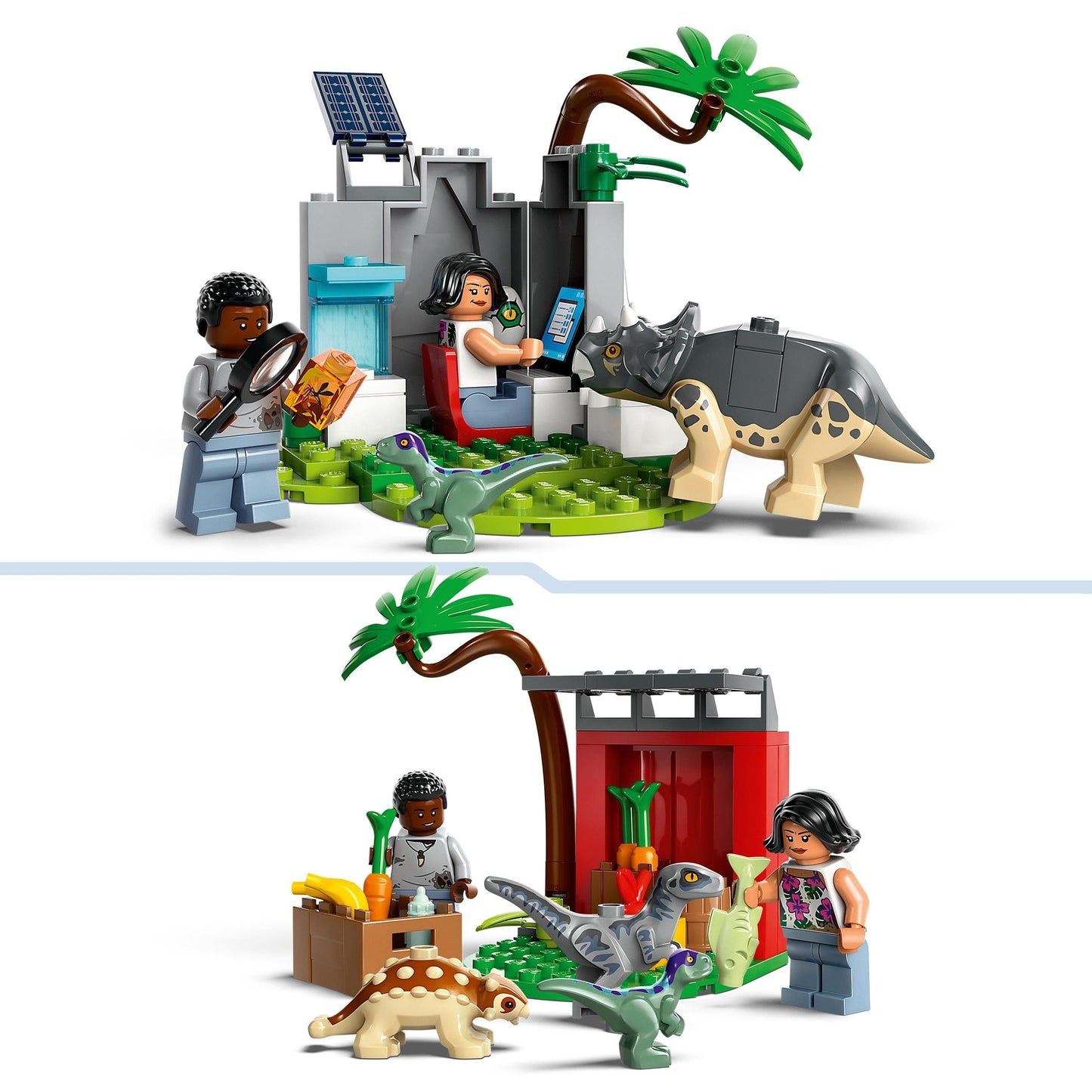LEGO Jurassic World Baby Dino Rescue Center set features small dinosaur figures including Triceratops, Ankylosaurus, and Velociraptor. Perfect gift for boys and girls aged 4+ to build. Item number 76963.