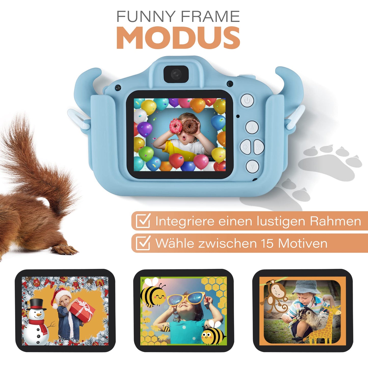 Lion Toys Kids Camera Blue | Photo camera with 32GB memory card, silicone protective case & fun effects | 18 megapixels | rechargeable | Easy operation for ages 3-12.