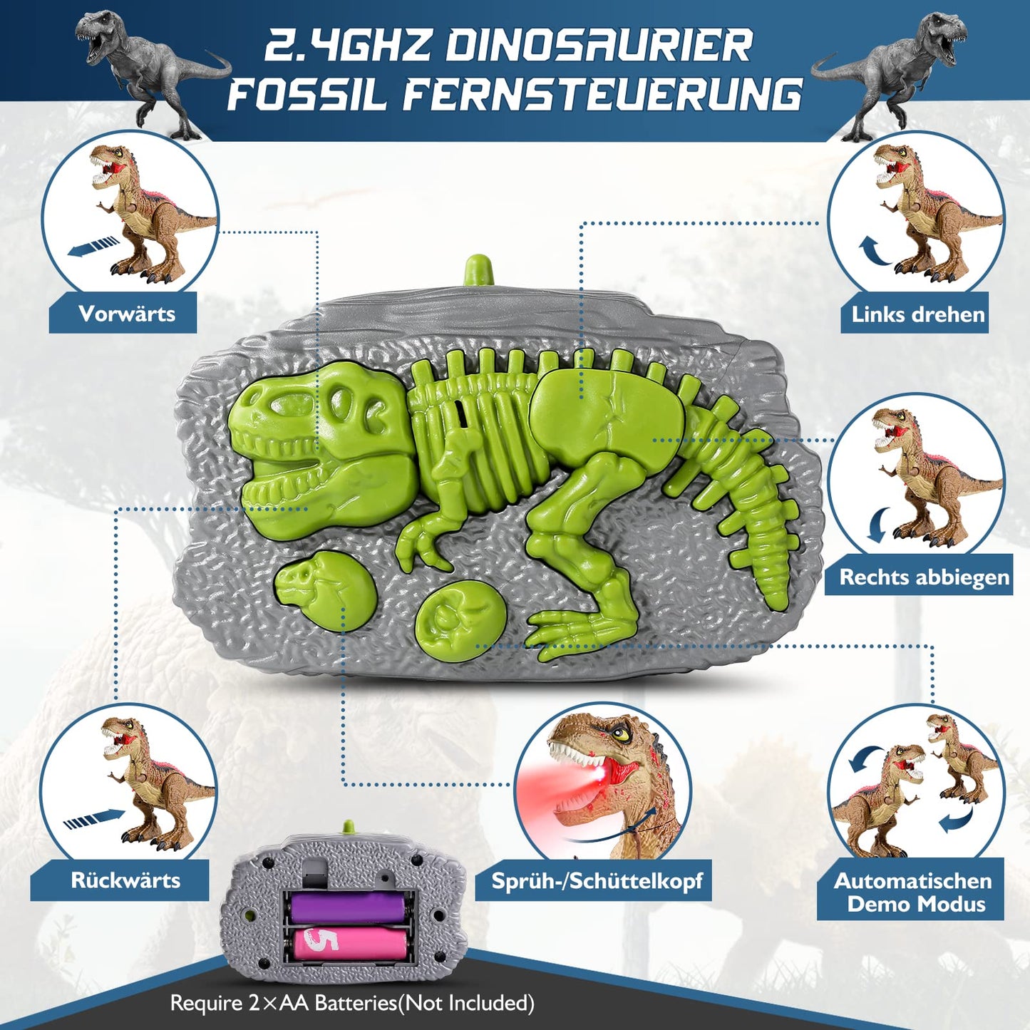 BAZOVE 2.4GHz remote control dinosaur toy with 360° spin stunt, spraying function, roaring, and LED light, electronic T-Rex dino toy gift for boys girls 3+ years old.