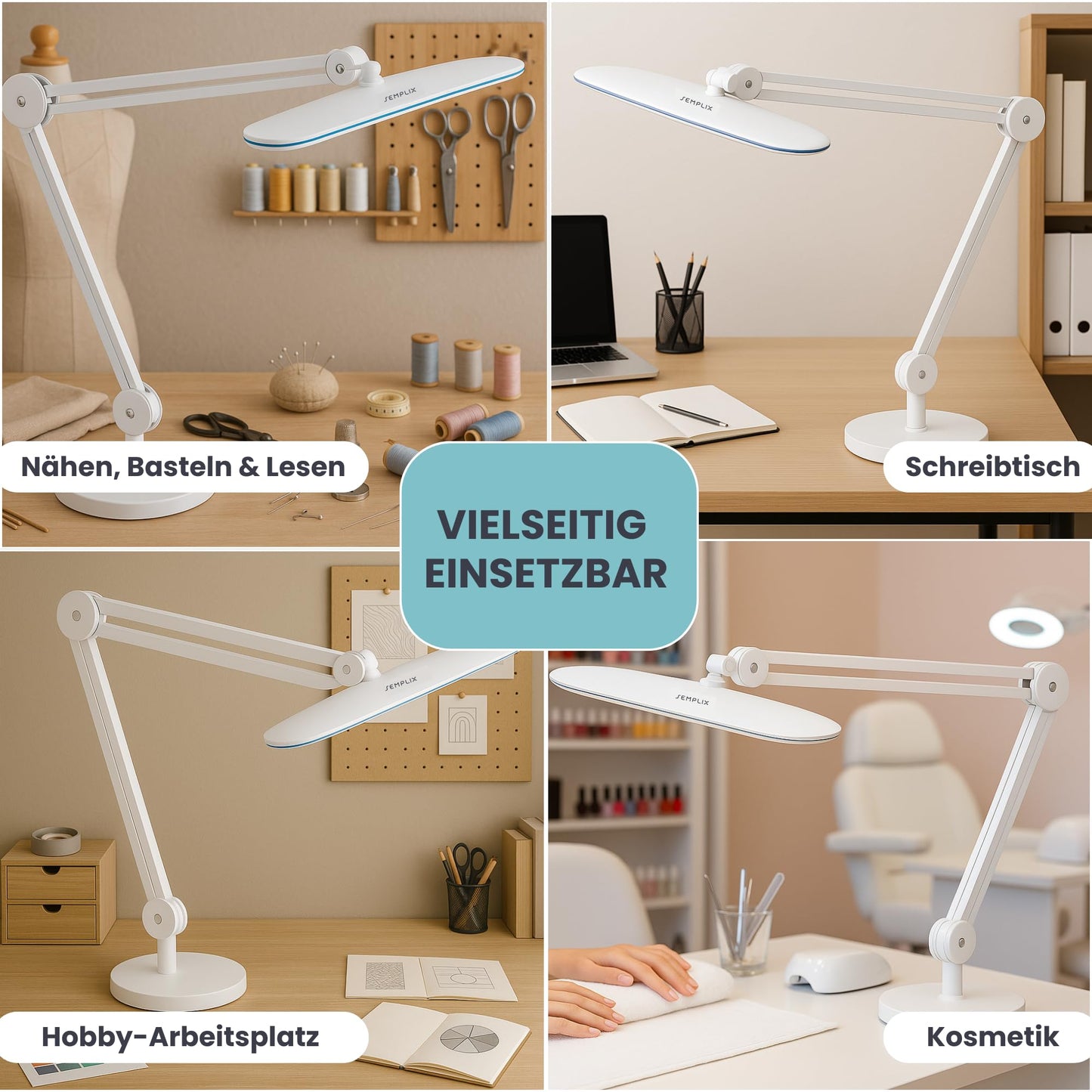 SEMPLIX LED work light in white: (117 PCS LED, 4-level dimmable) Comes with table stand base and clamp, adjustable lamp arm in height.