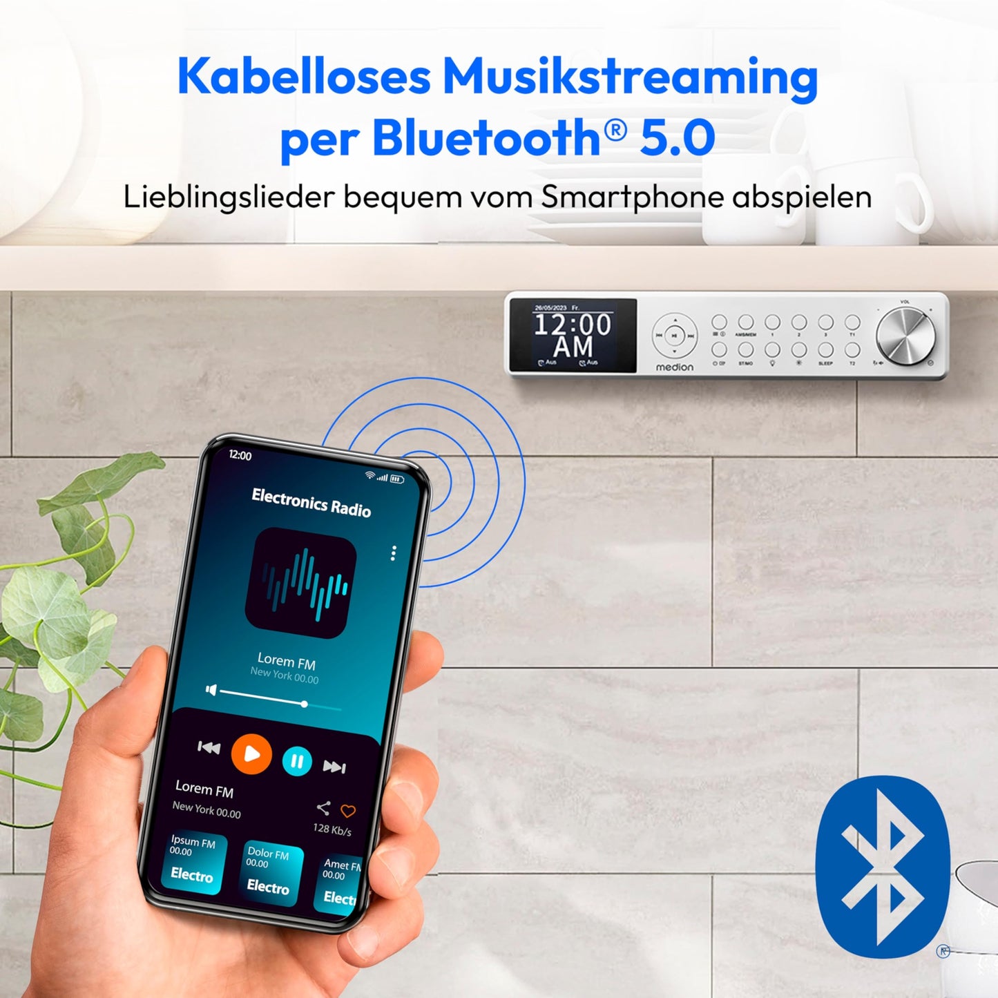 MEDION P66750 Kitchen under-cabinet radio (DAB+ kitchen radio, PLL FM radio, dimmable TFT color display, cooking timer, Bluetooth, LED strip, including mounting material) white