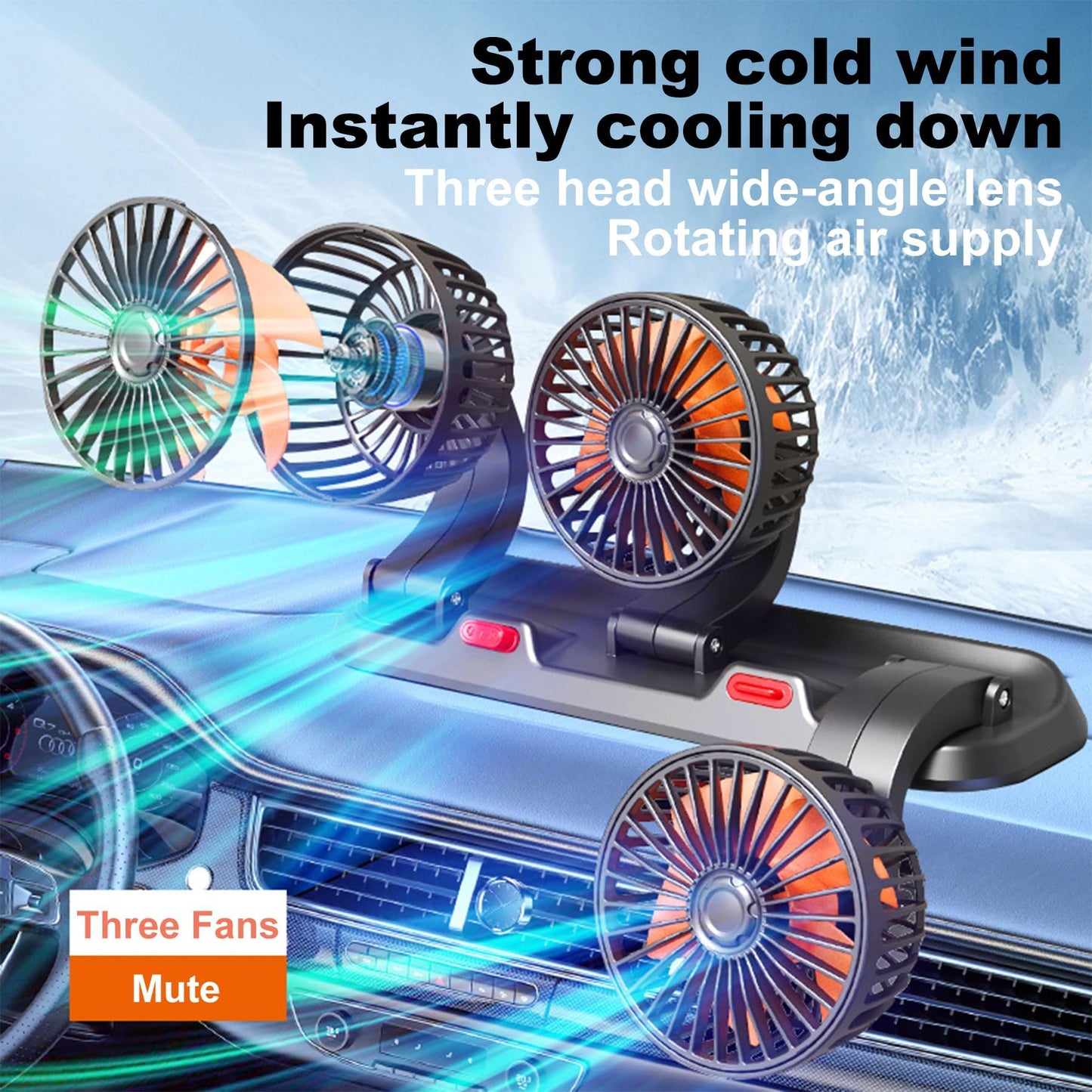 Shengruili Car Fan, 12V Three Heads Car Fan, 360° Rotatable Double Head Fan, Car Vehicle Fan, Car Fan, Car Fan for Backseat, RV, Trucks, SUVs