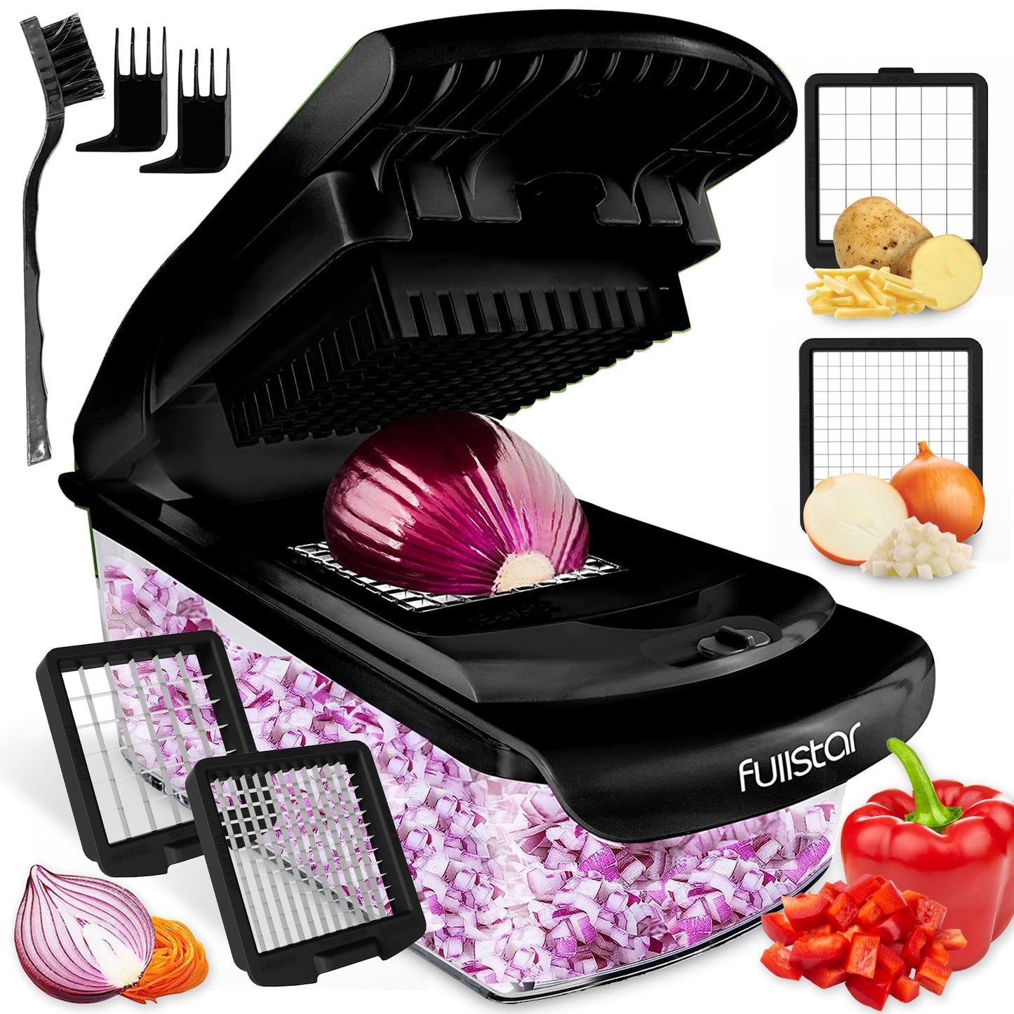 Vegetable slicer, spiralizer, vegetable grater - vegetable chopper, onion cutter, potato slicer, fruit slicer - Vegetable Chopper Cutter Dicer (2-in-1 - Black)