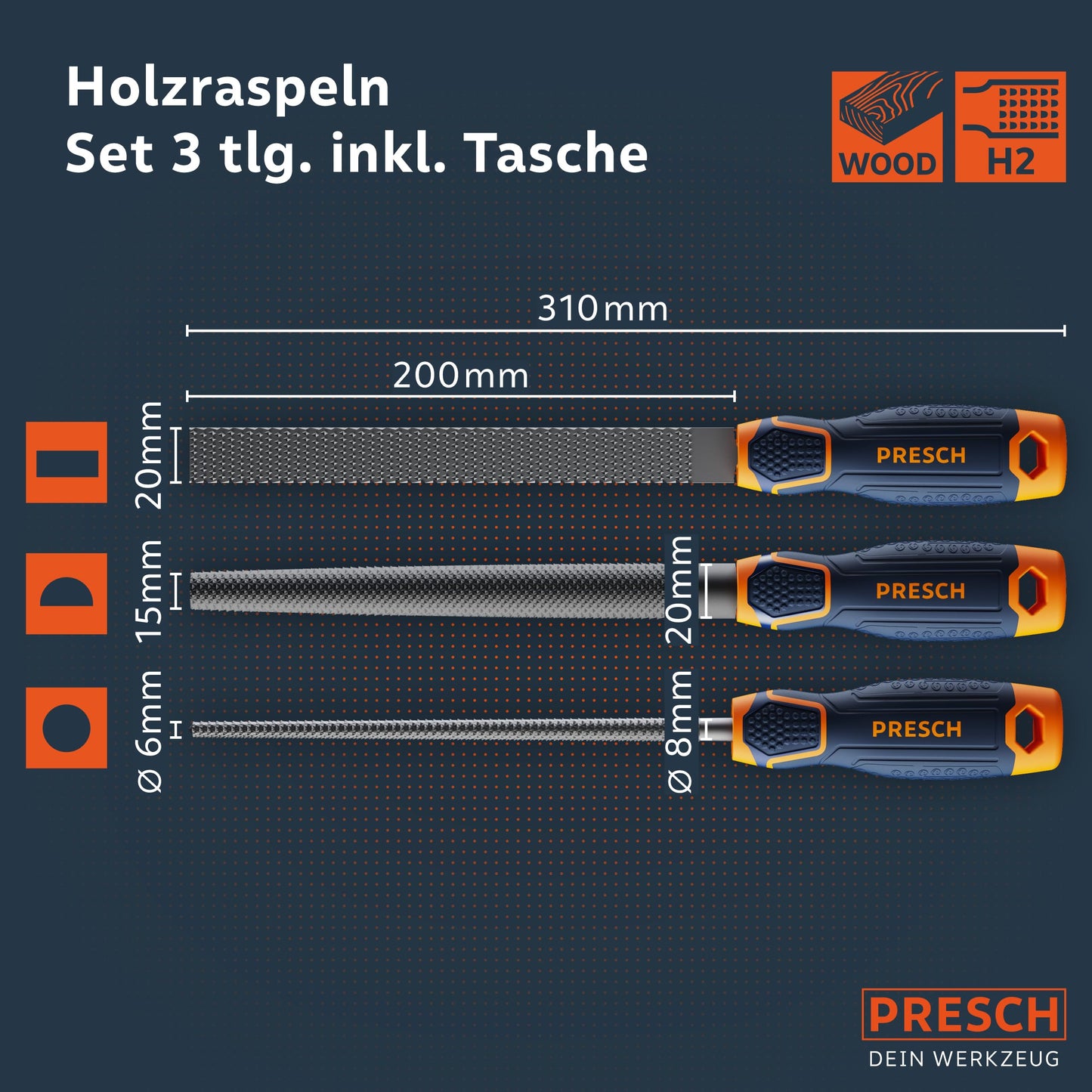 3-piece Wood Rasp Set incl. carrying case - High-quality wood file set incl. flat, half-round, and round rasps - Professional grade 2 file set with 200mm length for wood.