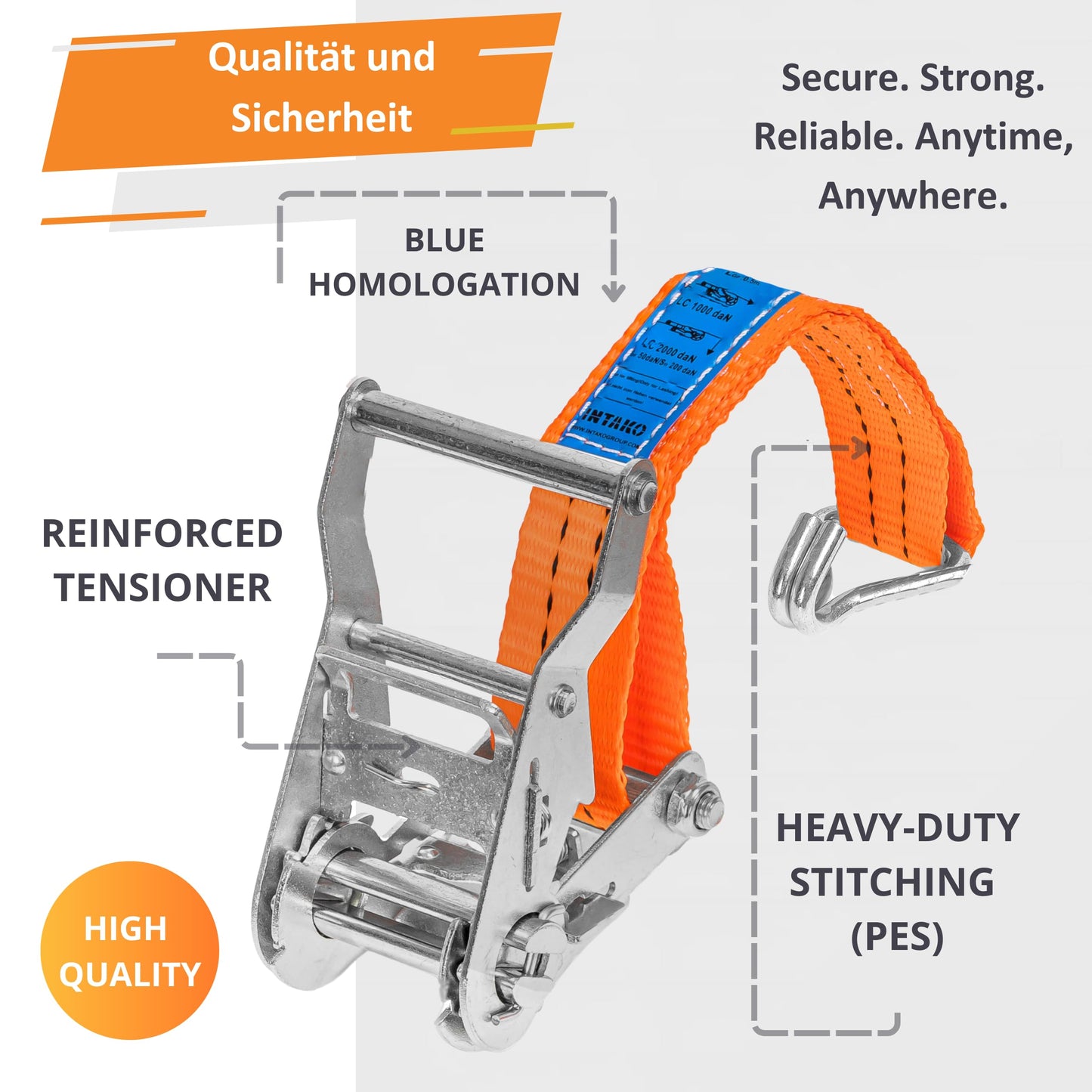 INTAKO tie-down straps with ratchet and hooks - 6m 2000kg 35mm - 4 pieces - ratchet set - ratchet strap 2-piece - lashing strap orange - TÜV GS tested and according to DIN EN 12195-2