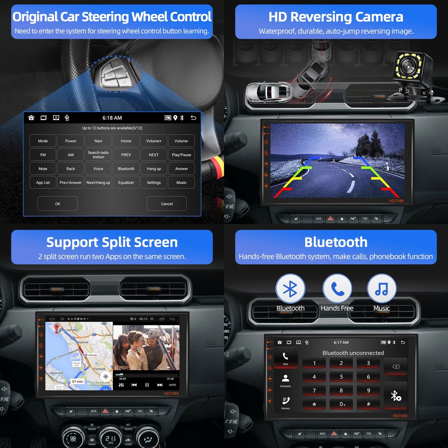 Podofo 2 Din car stereo with wireless Apple Carplay, Android Auto, Bluetooth. Android 13 Double Din car radio with 7-inch touchscreen display, WiFi, GPS, FM/RDS + rearview camera.