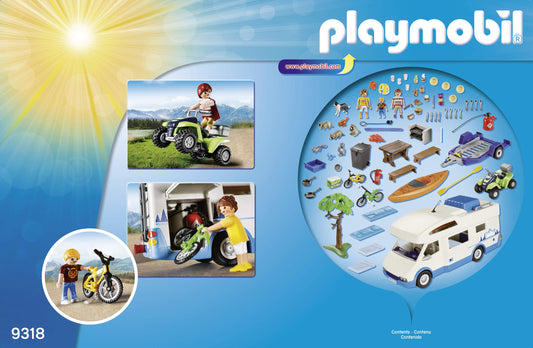 PLAYMOBIL 9318 Fun Camping Set for the whole family with removable roof, trailer hitch, and pull-out awning, for ages 4 and up.