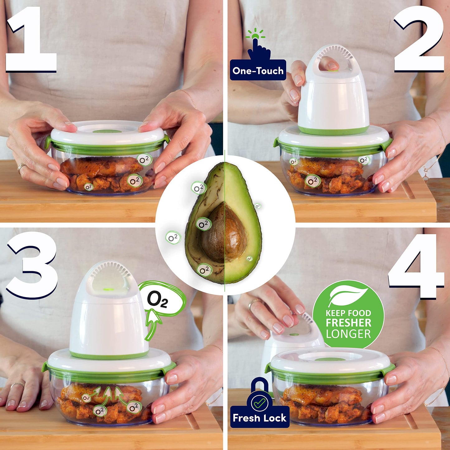 FOSA BARCELONA 3-piece Starter Kit - keeps food fresh longer in vacuum - food storage containers with vacuum pump (TURTLE) + 3 x FOSA MADRID rectangular storage containers.