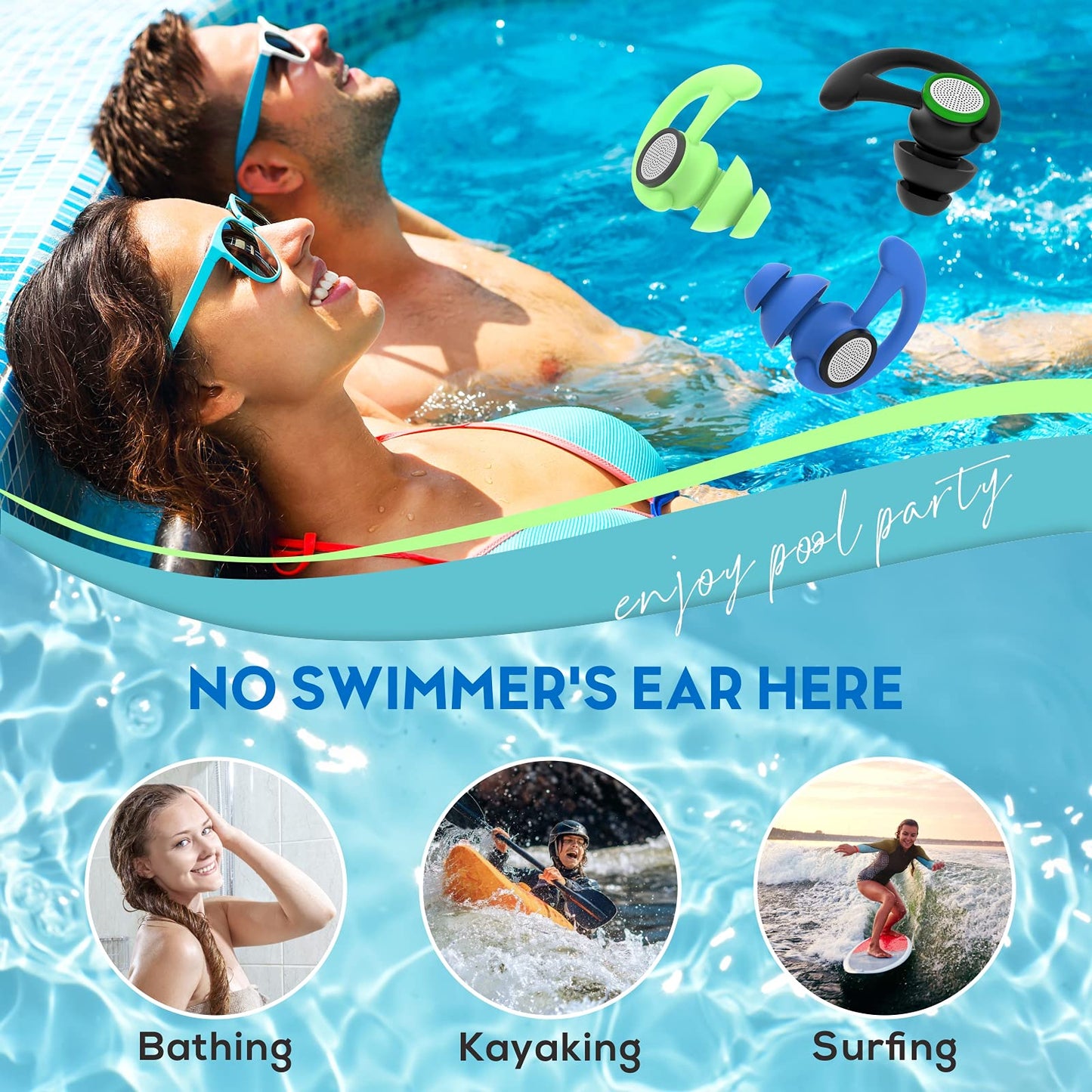 Hearprotek 2 pairs of swimming earplugs, ear protection for adults for swimming, shower, pool, bathing, surfing Blue.