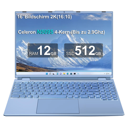 AOCWEI Laptop 16 inch 12GB RAM 512GB ROM Expandable 2.5" 1TB SSD, Laptop Win 11 with 4-Core CPU N5095 (up to 2.9 GHz), 1920 * 1200丨5G WiFi丨Bluetooth & German Keyboard Stickers-Blue