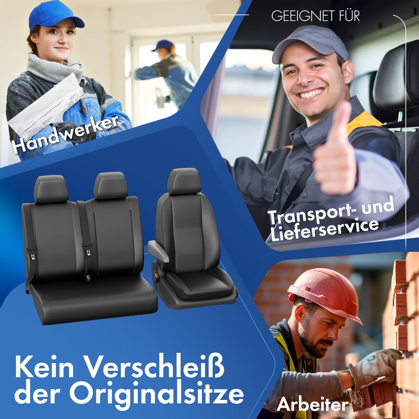 Walser transporter seat covers for VW Crafter, Mercedes Sprinter, 1 single seat (armrest cutout) & double bench, synthetic leather seat covers, seat protectors, seat pads