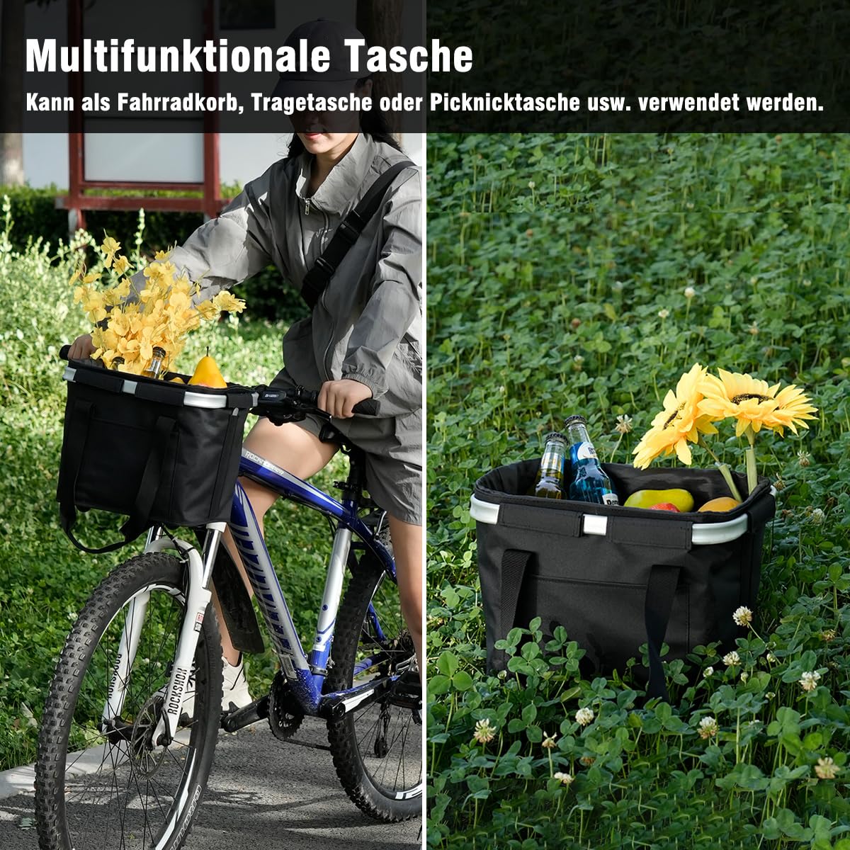 Pynhoklm Foldable Waterproof Bike Basket. Removable handlebar basket for small items, perfect for commuting, outdoor activities, and shopping. Comes with bike accessories.