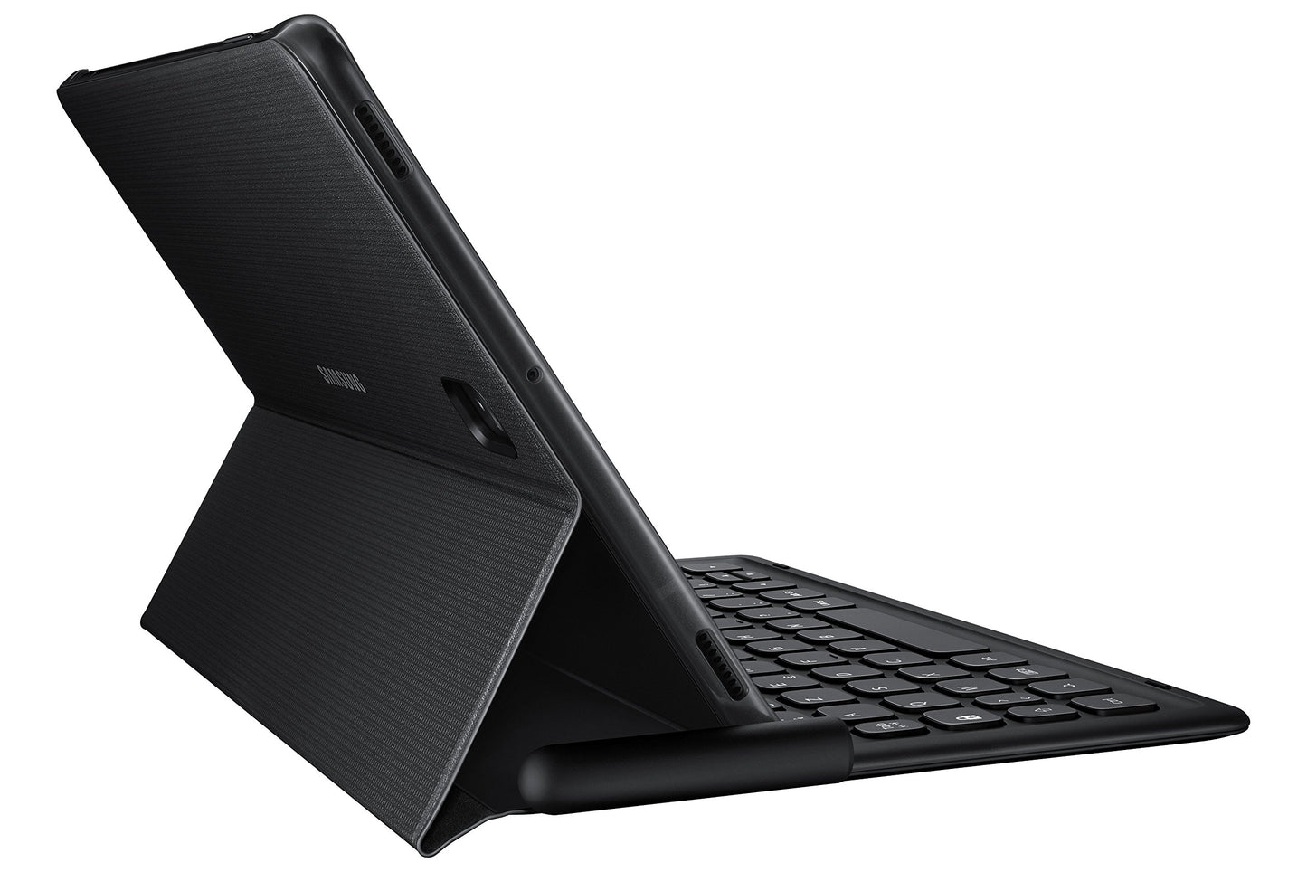 Samsung tablet case with integrated QWERTZ keyboard and pen holder for Galaxy Tab S4 in black.