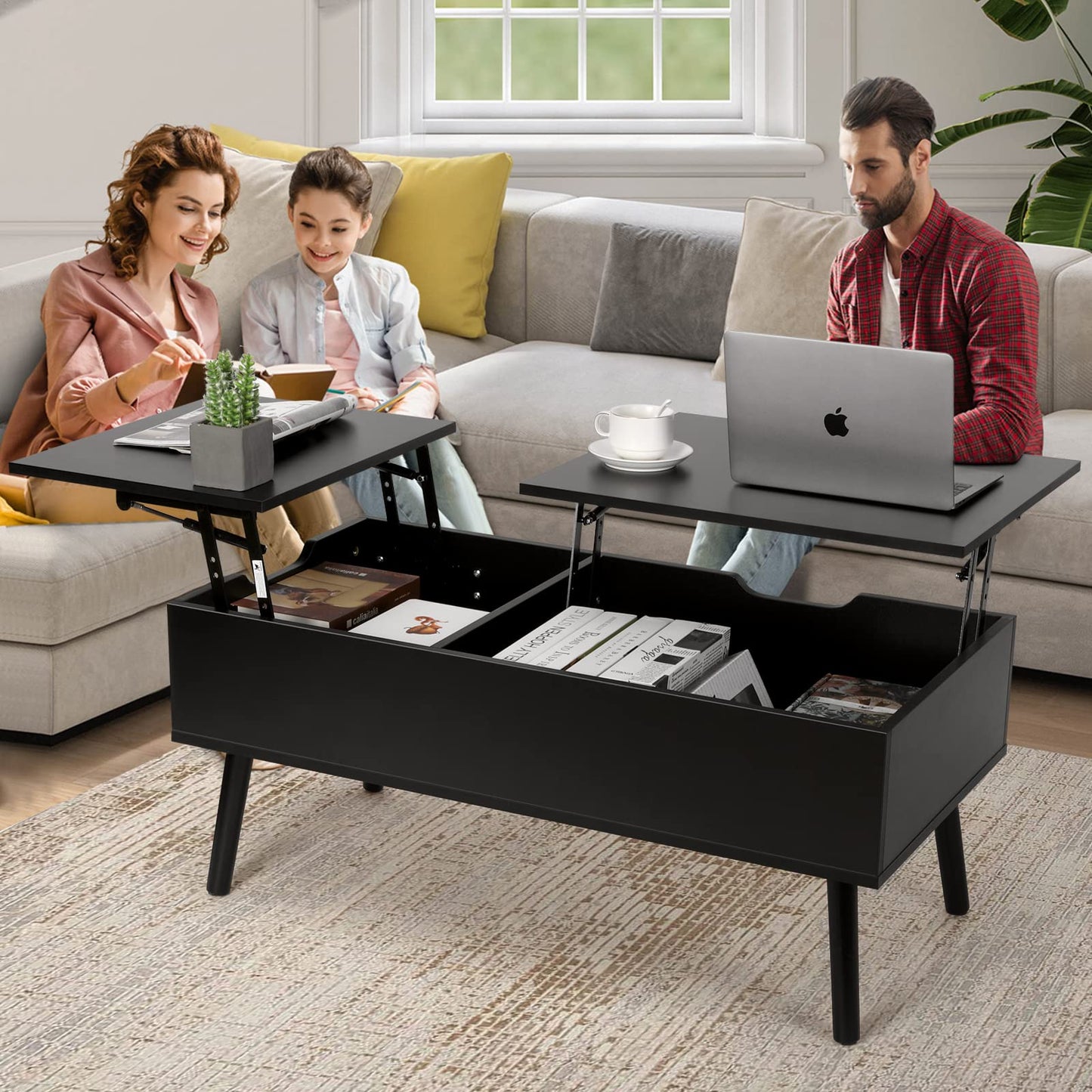 VOWNER Coffee Table, Adjustable Height Coffee Table, Extendable, Retractable Coffee Table, Separate Hidden Storage Compartment, Double Lift Top, Living Room Table, Black