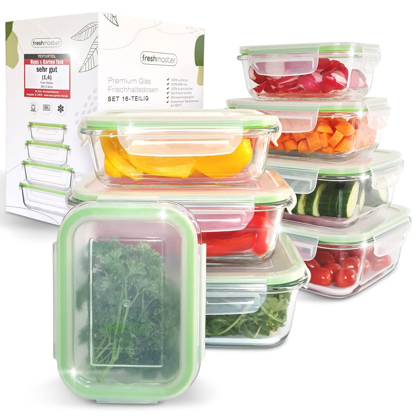 Fresh Master Glass Food Storage Container Set - Test verdict: EXCELLENT - 100% leak-proof + airtight containers with lids I Glass food storage containers Meal Prep Boxes Glass Storage Box (16 pieces)