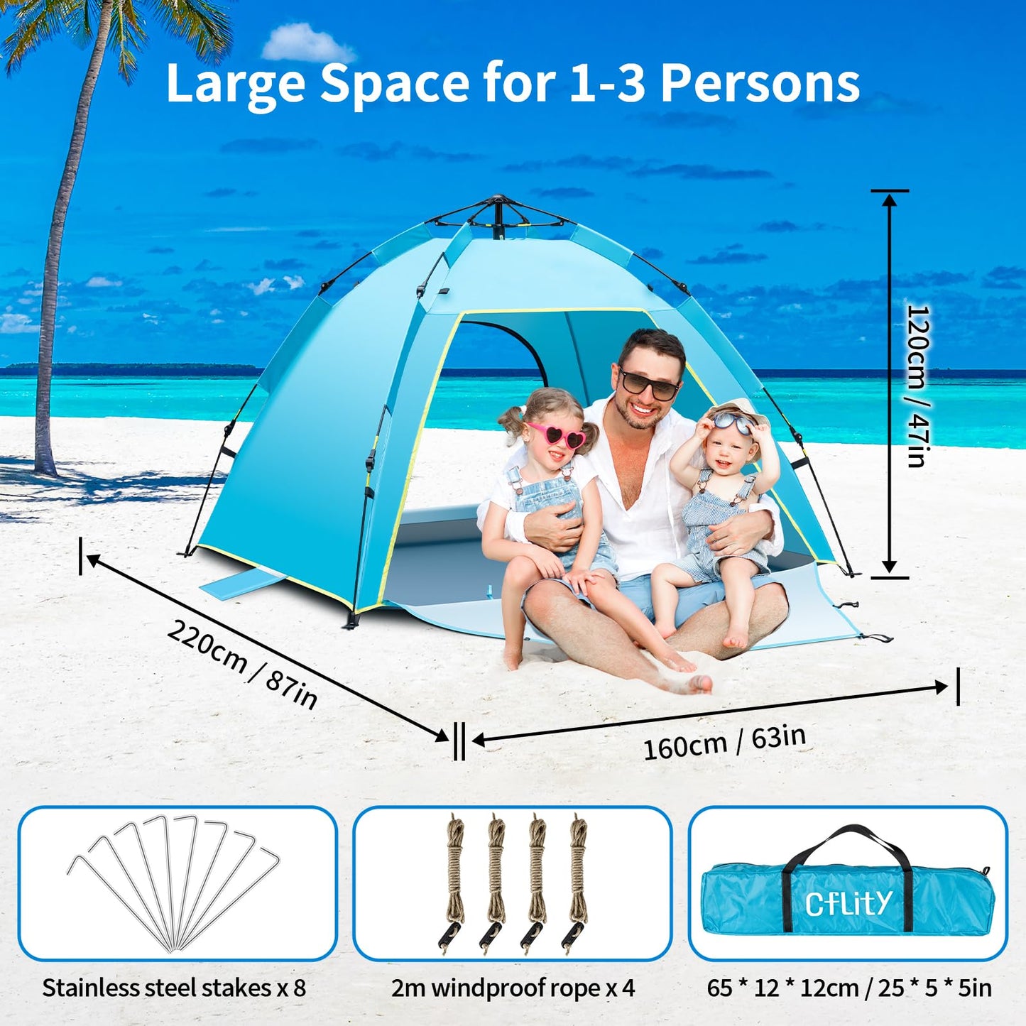 Cflity Beach Shelter, 1-3 Person Automatic Instant Pop Up Beach Tent, UV Protection 50+ Sun Shelter Large Portable Extra Light Pop Up Tent with Double Door for Garden, Fishing, Picnic.