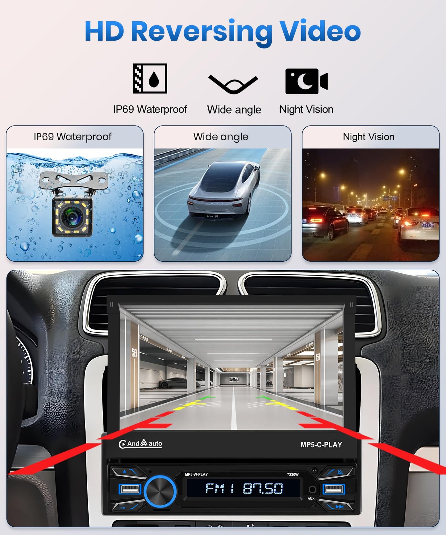 Podofo Wireless Carplay/Android Auto Car Radio 1Din with 7'' Retractable Display Automatic Screen Bluetooth 5.1 Wireless Android Auto FM 2USB/MIC/Type C/With Rearview Camera Steering Wheel Control