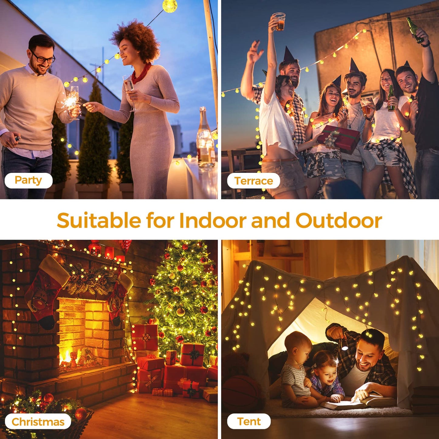 LED fairy string lights powered by electricity, 15M warm white ball string lights with plug for outdoor and indoor use, IP65 waterproof string lights with dimmable remote control, great for rooms, Christmas, parties, gardens.