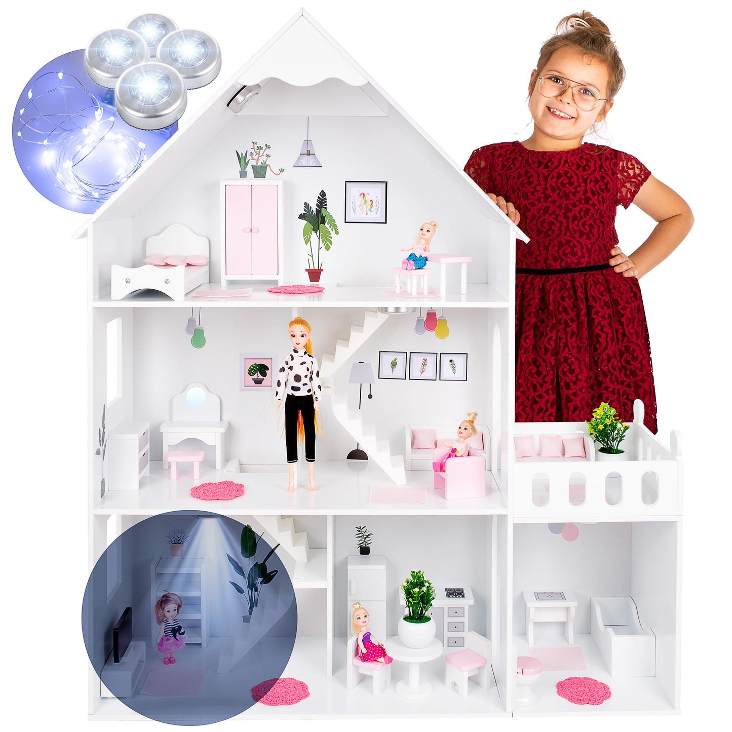 Green Series Wooden Dollhouse XXL - 3 floors with LED light & 57 accessories - For 30 cm fashion dolls (Barbie size) - 118 cm tall, 7 rooms