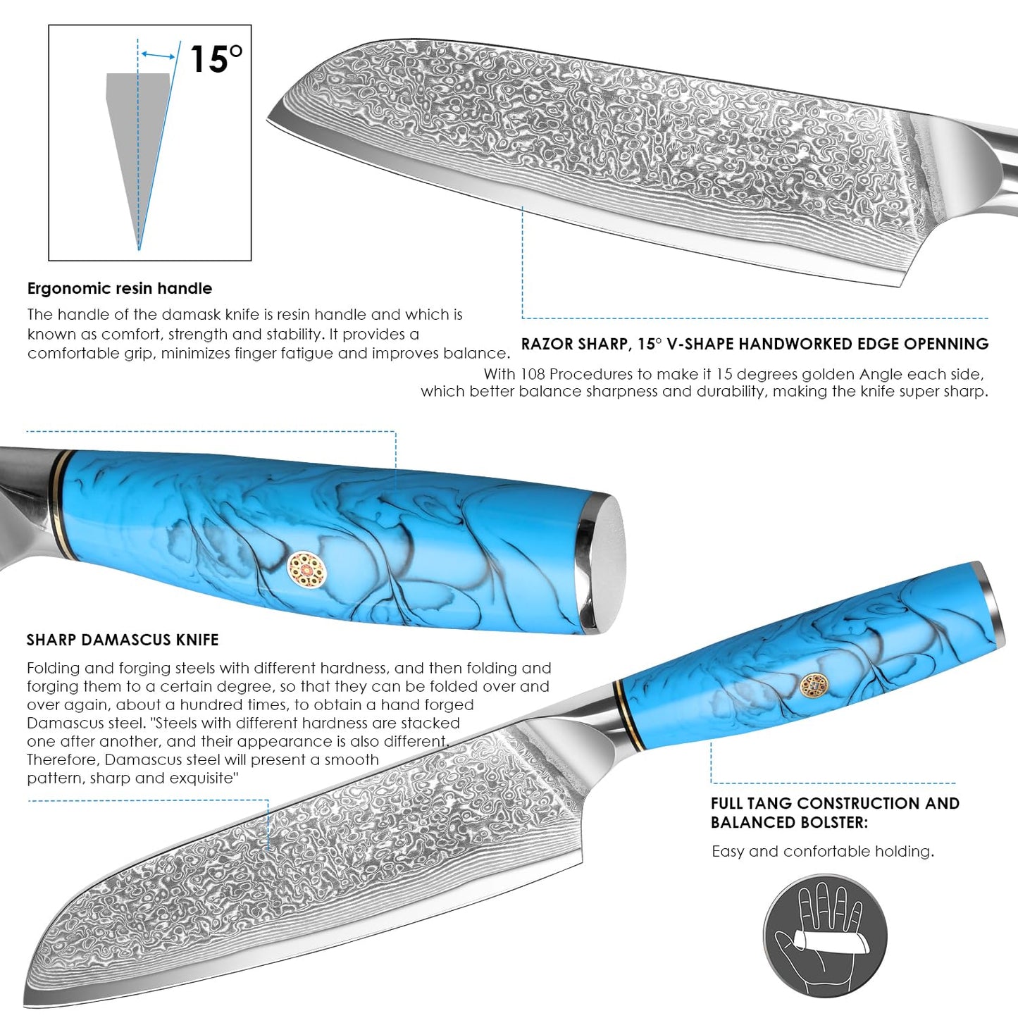 Home Safety Santoku Knife, Damascus Knife, Damascus Sushi Knife with Extremely Sharp 17.5 cm Blade Vegetable Knife made of 67 Layers of Vg-10 Damascus Steel Ergonomic Resin Handle, Gift Box