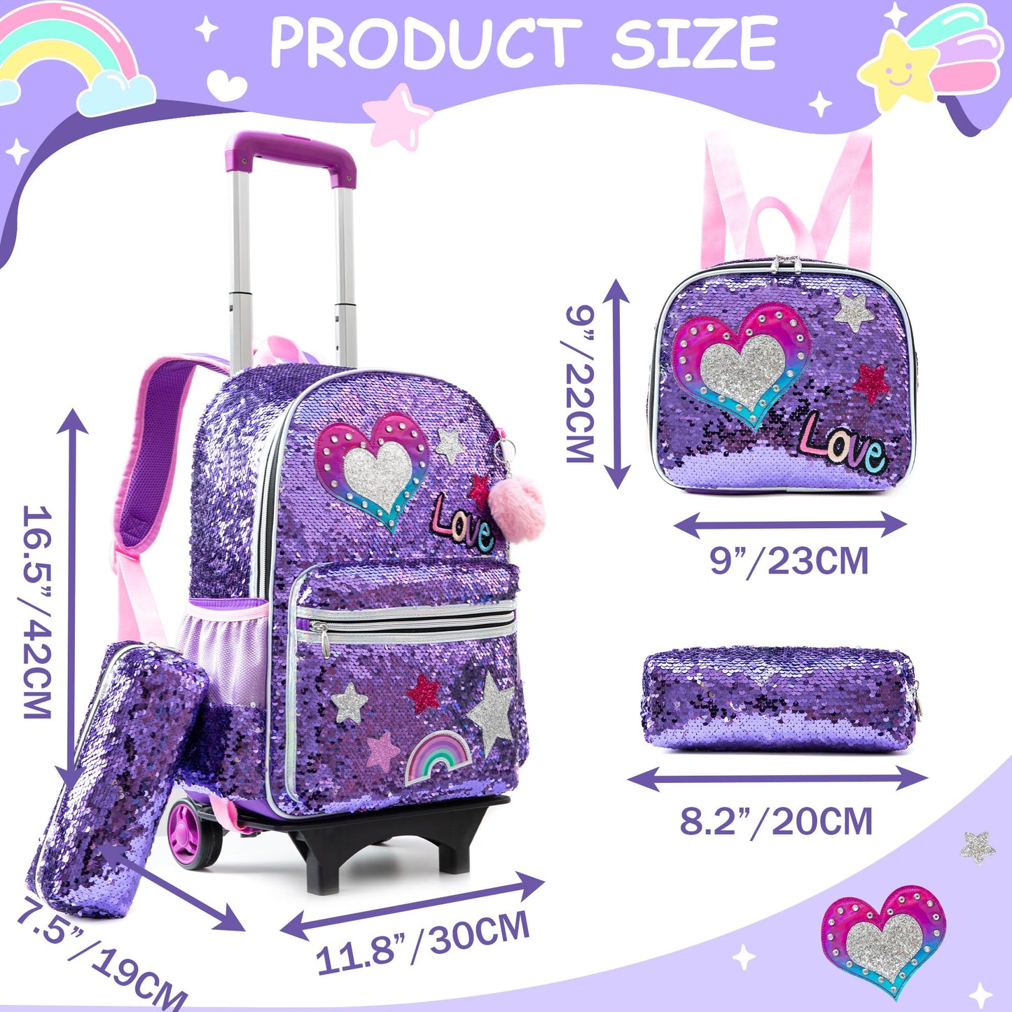 HTgroce Purple Love Trolley Backpack with Wheels, Pencil Case, Lunch Bag 3 in 1 Sequin Rolling School Bag for Girls, School Bag Sets Perfect for Children Students in Grades 2-6