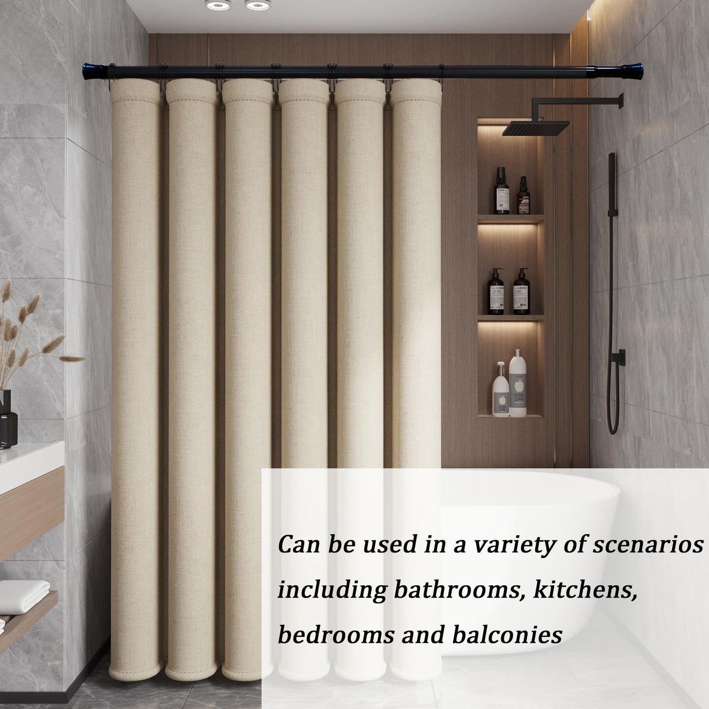 Curtain rod without drilling. Extendable telescopic rod for shower curtain, adjustable for cabinets, windows, wardrobe. 1 piece, white, 110-205 cm.