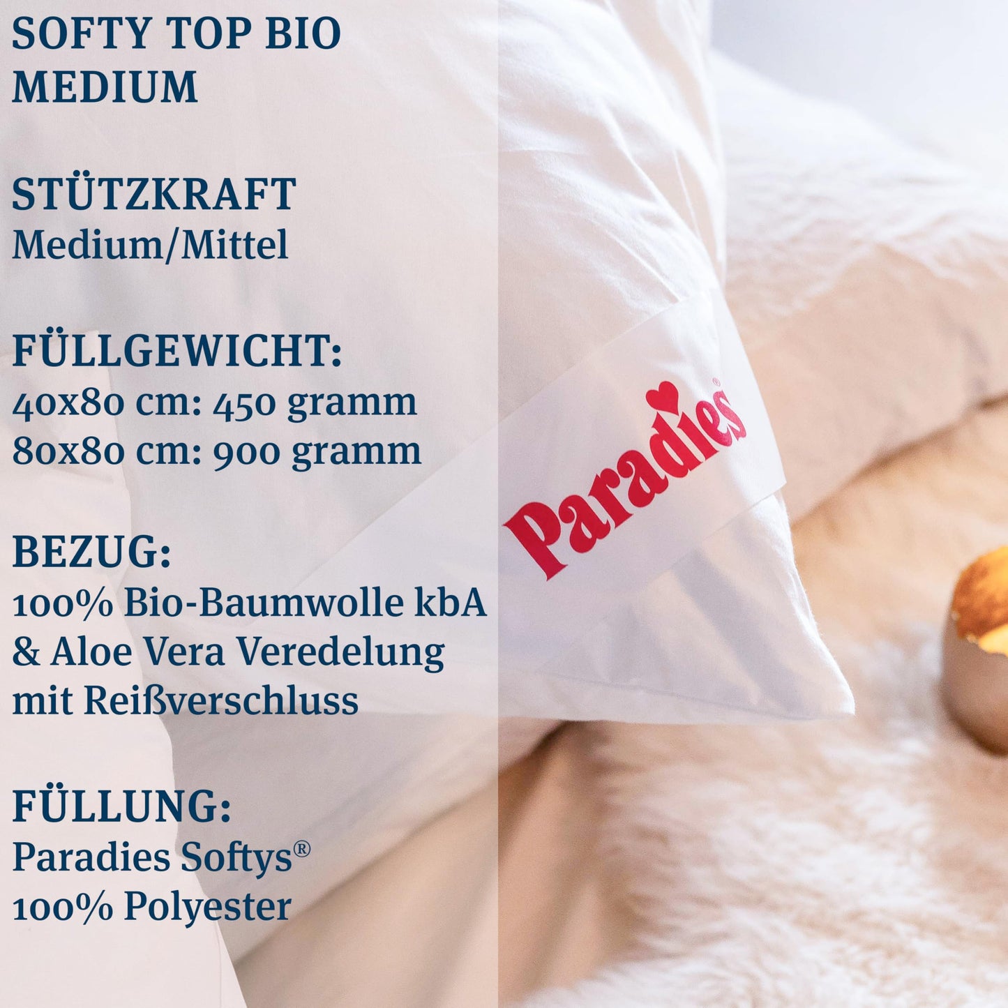 Paradise pillow 80x80 cm with zipper - Softy Top Bio medium with Aloe Vera, medium-firm sleeping pillow, vegan pillow, Öko-Tex 100 Class 1.