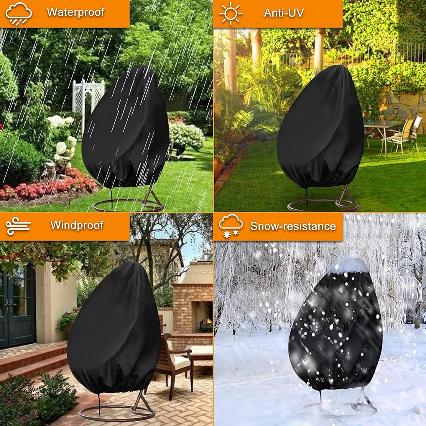 Hanging Chair Cover, longziming Large Cover for Hanging Chair Oxford Waterproof, Windproof, UV Resistant, with PVC Coating, Drawstring Black (200 x 230 cm)