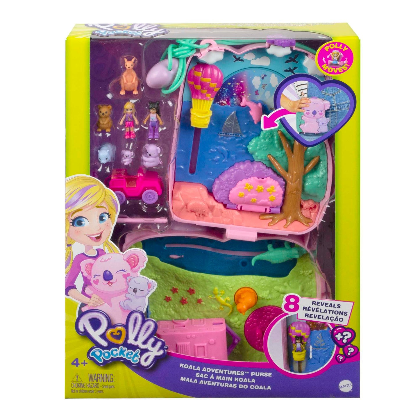 Polly Pocket carrying case, Koala Bear in animal adventure theme, includes 2 dolls, 5 animals, and 1 car, interactive features for immersive play, toy for ages 4 and up, GXC95.
