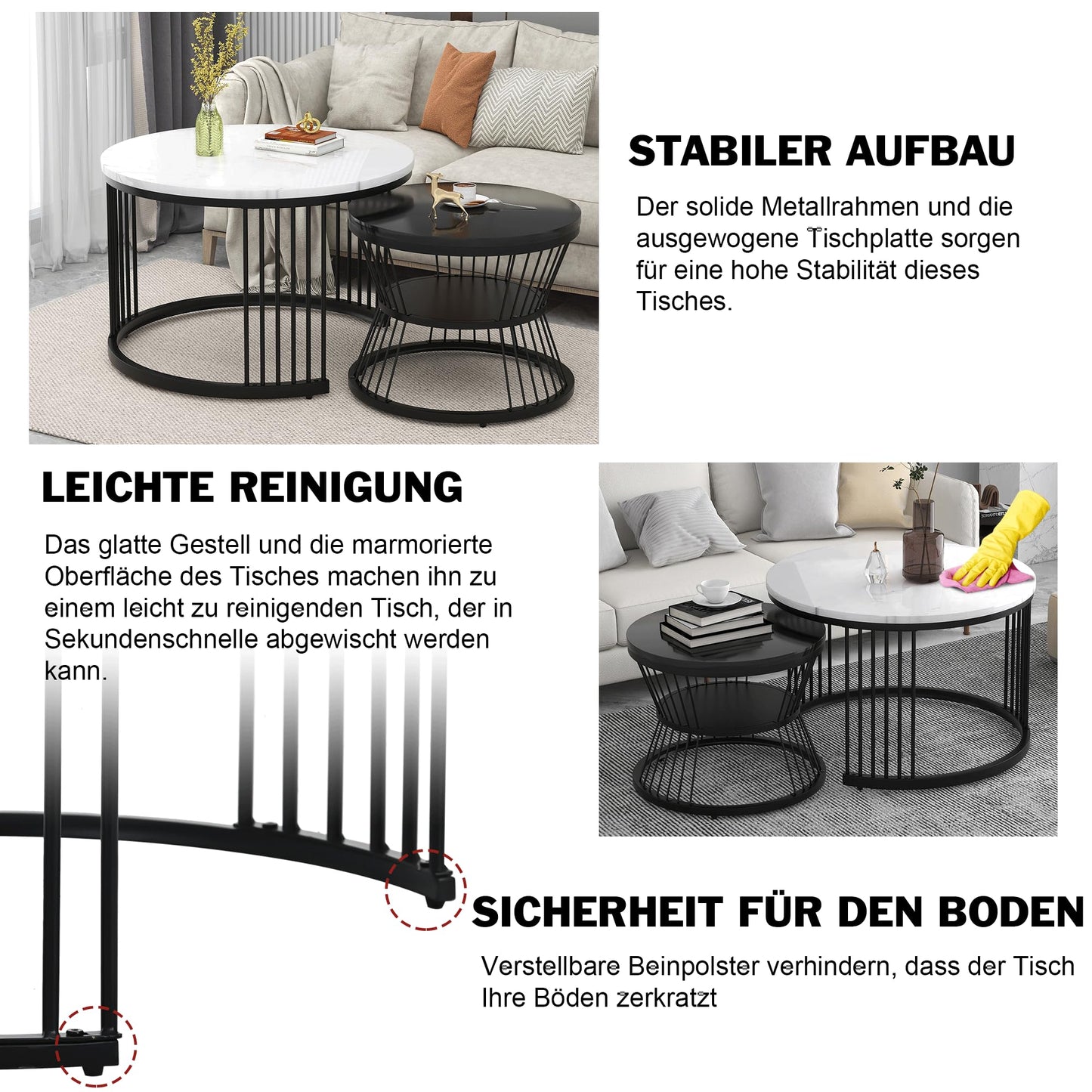 Merax Round Coffee Table 2 Piece Set, Modern Side Table with High Gloss Marble Effect for Living Room, Nesting Table for Reception Room, Balcony, and Office, Metal Frame, Black & White