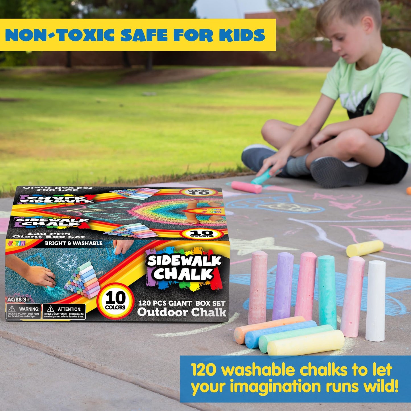 JOYIN 120 Piece Chalk, Giant box Non-Toxic Jumbo Washable Sidewalk Chalk, Sidewalk Chalk for Blackboard and Street in 10 Colors, Kids and Teacher Chalk Set