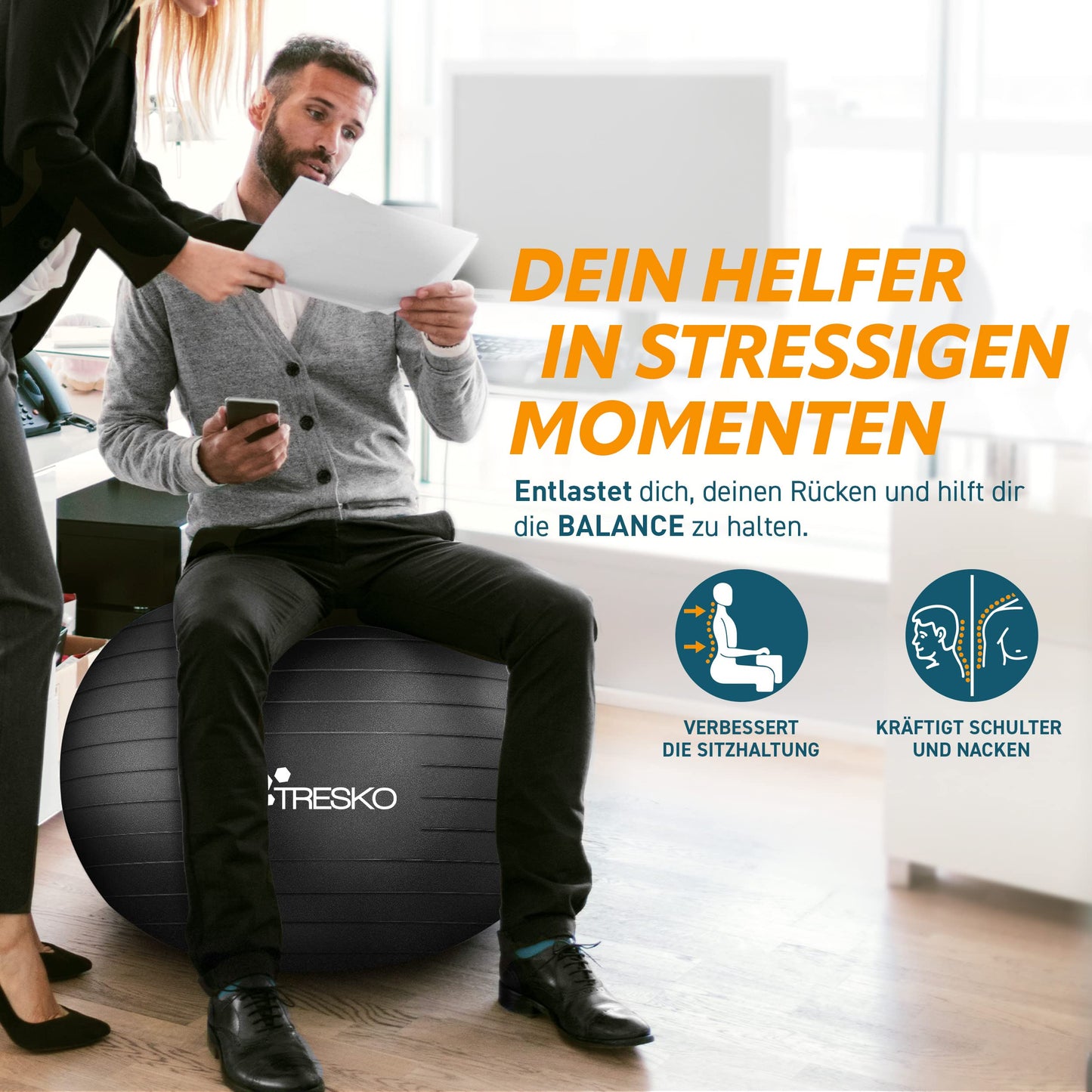 TRESKO Exercise Ball with FREE workout poster and pump - Yoga Ball BPA-Free | Office Chair Ball | Anti-Burst | 300 kg, Black, 85cm (for body height over 185cm)