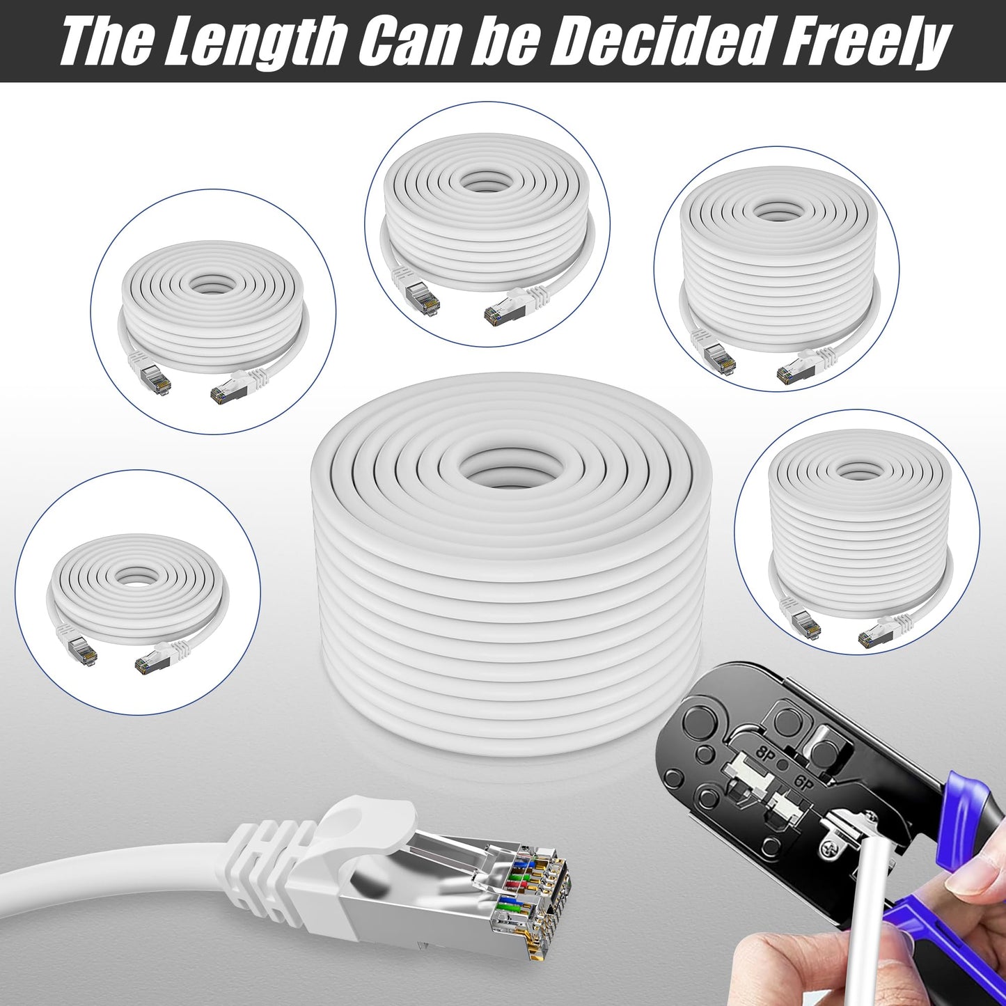 20 meter Cat 6 LAN cable, 20m white installation cable for network cables, 23AWG patch cable, FTP shielded Ethernet cable with Rj45 connector for high-speed Gigabit internet connection.