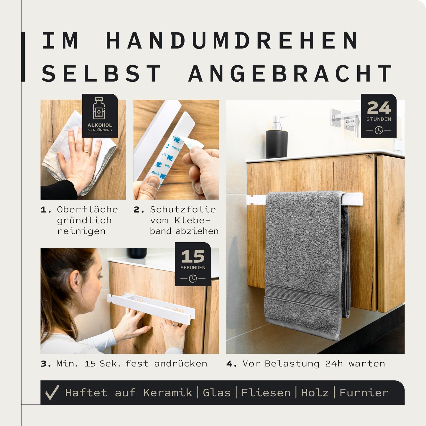 KRONWELL® towel holder without drilling - Self-adhesive towel holder for bathroom & kitchen - Stainless steel towel bar - Towel holder - Designed in Germany - White matte