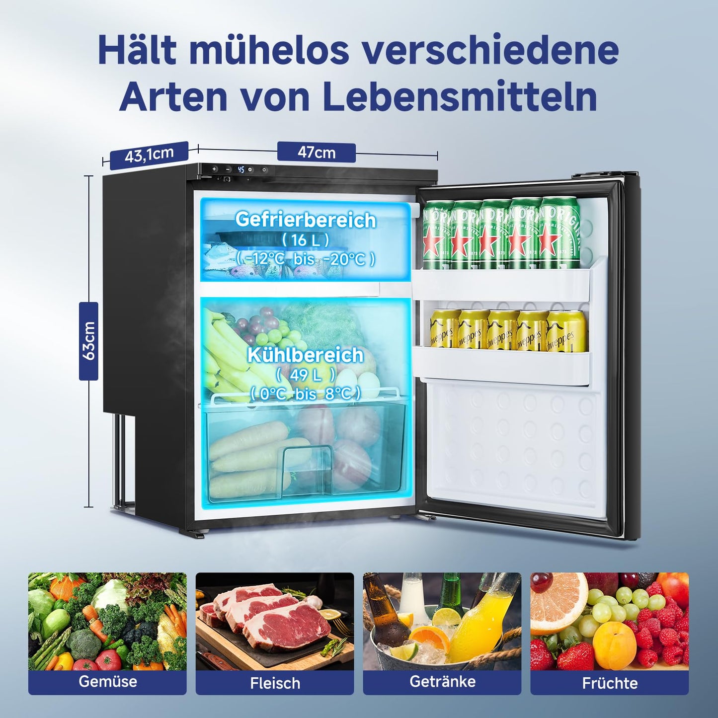 AAOBOSI 65L Compressor Cooler, RV Fridge with APP Control, 12/24V DC, Car Cooler with LED Lights, up to -20℃ Compressor fridge for Car, Truck, Boat, RV, Camping and Travel.