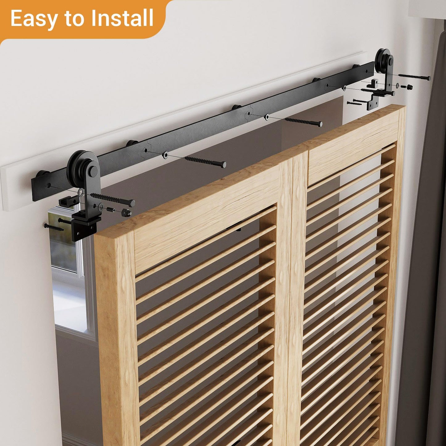 3.3FT (102cm) Bifold Sliding Door Hardware Kit for 2 wooden doors. Includes track, rollers, and top mount T guide in black color.