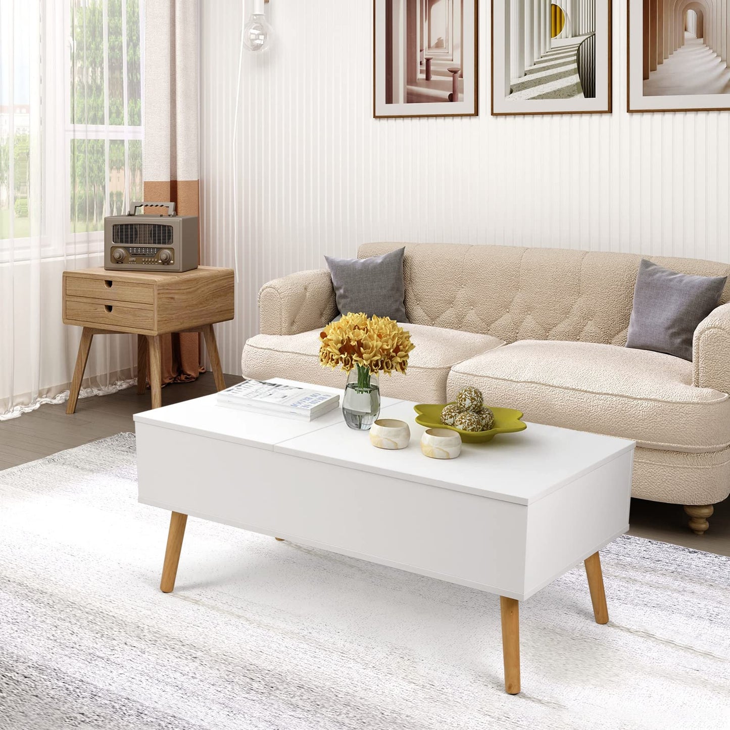 VOWNER Coffee Table, Adjustable Height, Extendable, Retractable, Separate Hidden Storage, Double Lift Top, Living Room Table, White.
