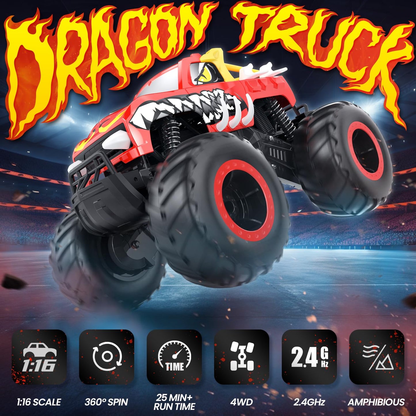 DEERC Amphibious Remote Control Car 1:16, 4WD Off-Road Monster Trucks in Fire Dragon Design with 2 batteries for land and water, 360 degree rotation, perfect gift for kids aged 6,7,8,9,10+ years.