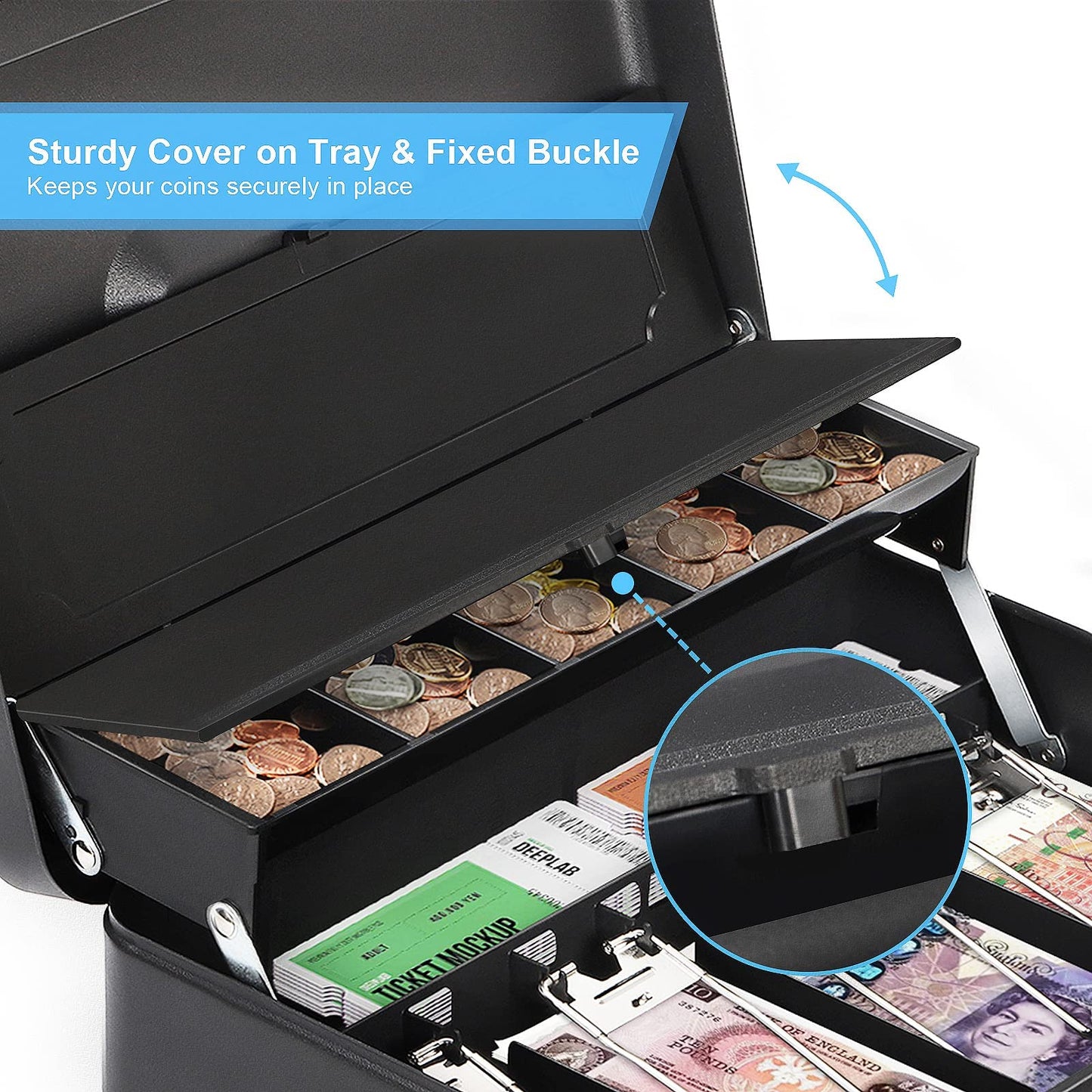 HAITRAL lockable money box, banknotes and coin storage, metal cash box, portable large money box with 2 keys - W 30 x D 24 x H 9 cm, Black