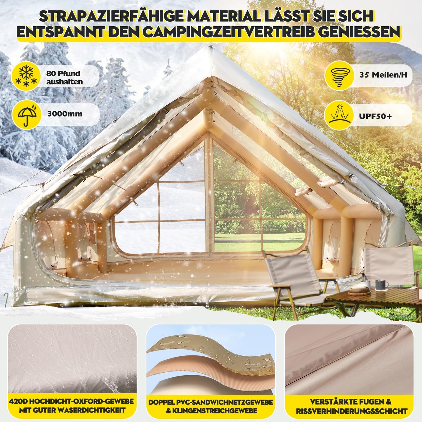 Afitdon Inflatable Camping Tent with Stove Jack & Roof Window, Inflatable Tent for 2-10 people with Air Pump, Inflatable Tent made of Waterproof Oxford Fabric for all seasons, Fast Setup Air Tents.