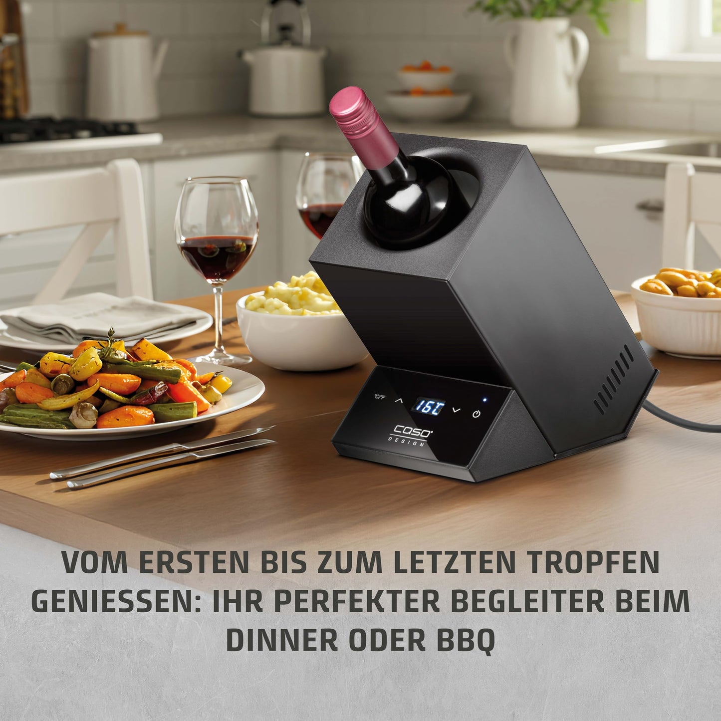 CASO WineCase One Black - Design wine cooler for one bottle, temperature range of 5-18°C, for bottles up to 9 cm Ø, sensor touch operation, black stainless steel casing.